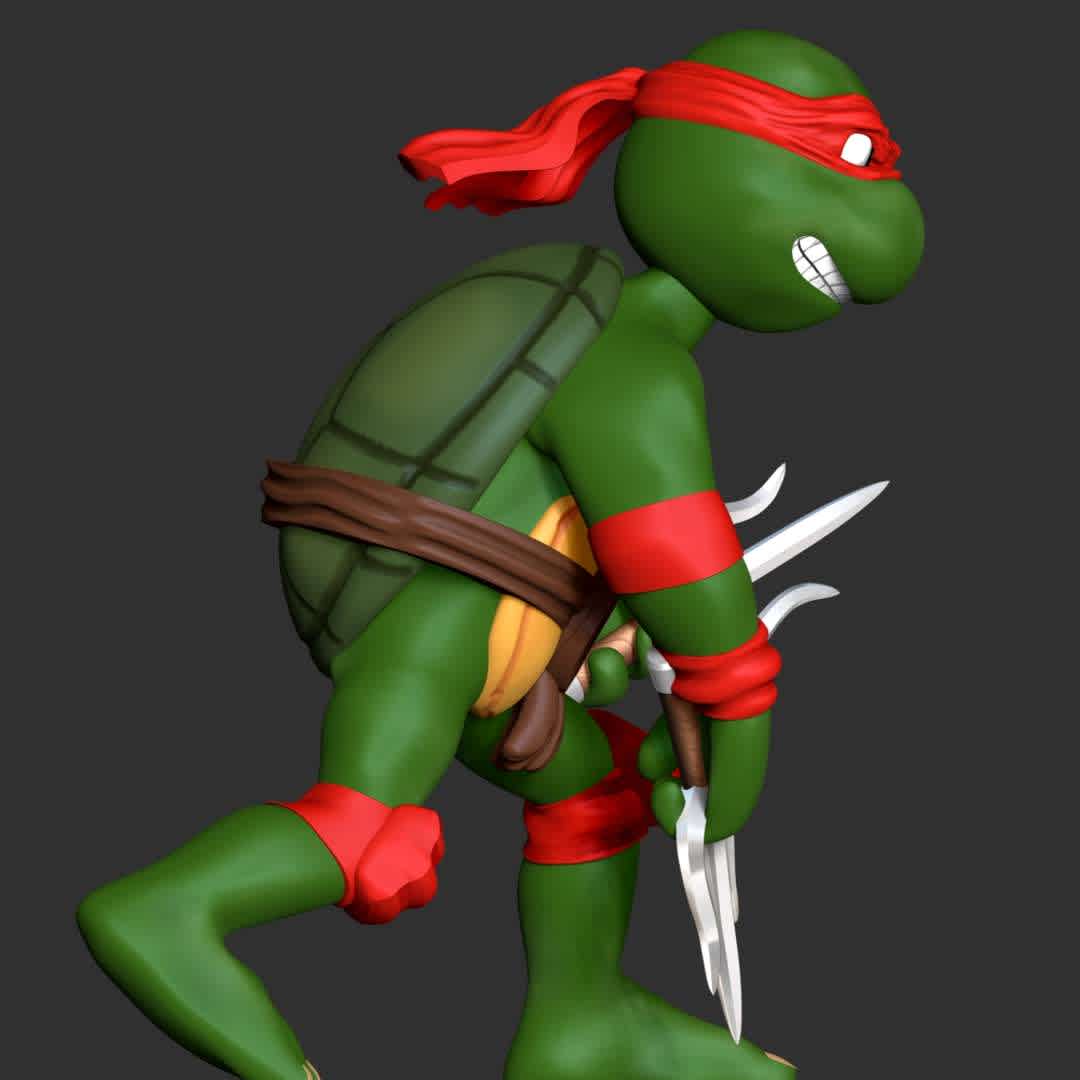 Raphael - Teenage Mutant ninja turtles - **Raphael, nicknamed Raph, is a superhero and one of the four main characters of the Teenage Mutant Ninja Turtles comics**

**The model ready for 3D printing.**

These information of model:

**- Format files: STL, OBJ to supporting 3D printing.**

**- Can be assembled without glue (glue is optional)**

**- Split down to 2 parts**

**- The height of current model is 20 cm and you can free to scale it.**

**- ZTL format for Zbrush for you to customize as you like.**

Please don't hesitate to contact me if you have any issues question.

If you see this model useful, please vote positively for it. - The best files for 3D printing in the world. Stl models divided into parts to facilitate 3D printing. All kinds of characters, decoration, cosplay, prosthetics, pieces. Quality in 3D printing. Affordable 3D models. Low cost. Collective purchases of 3D files.