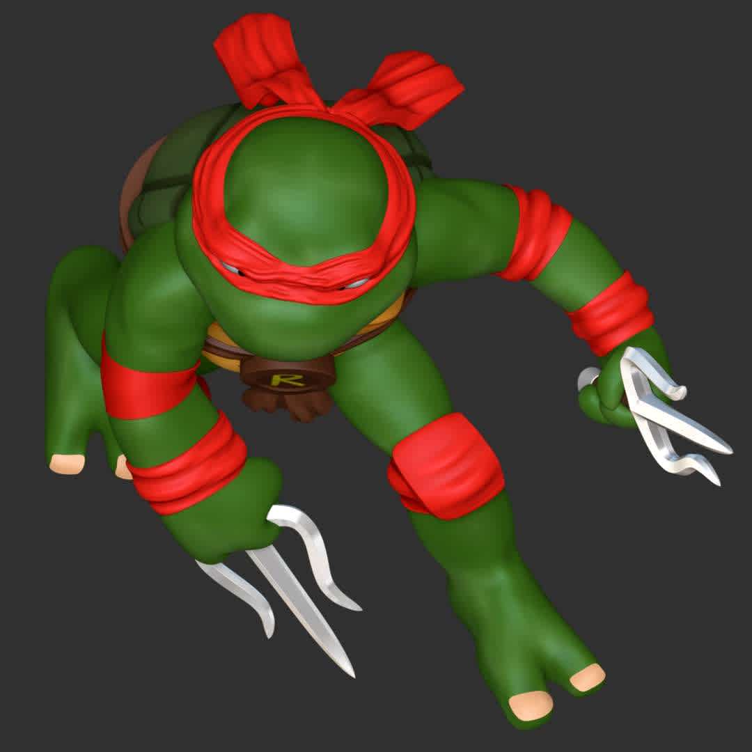 Raphael - Teenage Mutant ninja turtles - **Raphael, nicknamed Raph, is a superhero and one of the four main characters of the Teenage Mutant Ninja Turtles comics**

**The model ready for 3D printing.**

These information of model:

**- Format files: STL, OBJ to supporting 3D printing.**

**- Can be assembled without glue (glue is optional)**

**- Split down to 2 parts**

**- The height of current model is 20 cm and you can free to scale it.**

**- ZTL format for Zbrush for you to customize as you like.**

Please don't hesitate to contact me if you have any issues question.

If you see this model useful, please vote positively for it. - The best files for 3D printing in the world. Stl models divided into parts to facilitate 3D printing. All kinds of characters, decoration, cosplay, prosthetics, pieces. Quality in 3D printing. Affordable 3D models. Low cost. Collective purchases of 3D files.