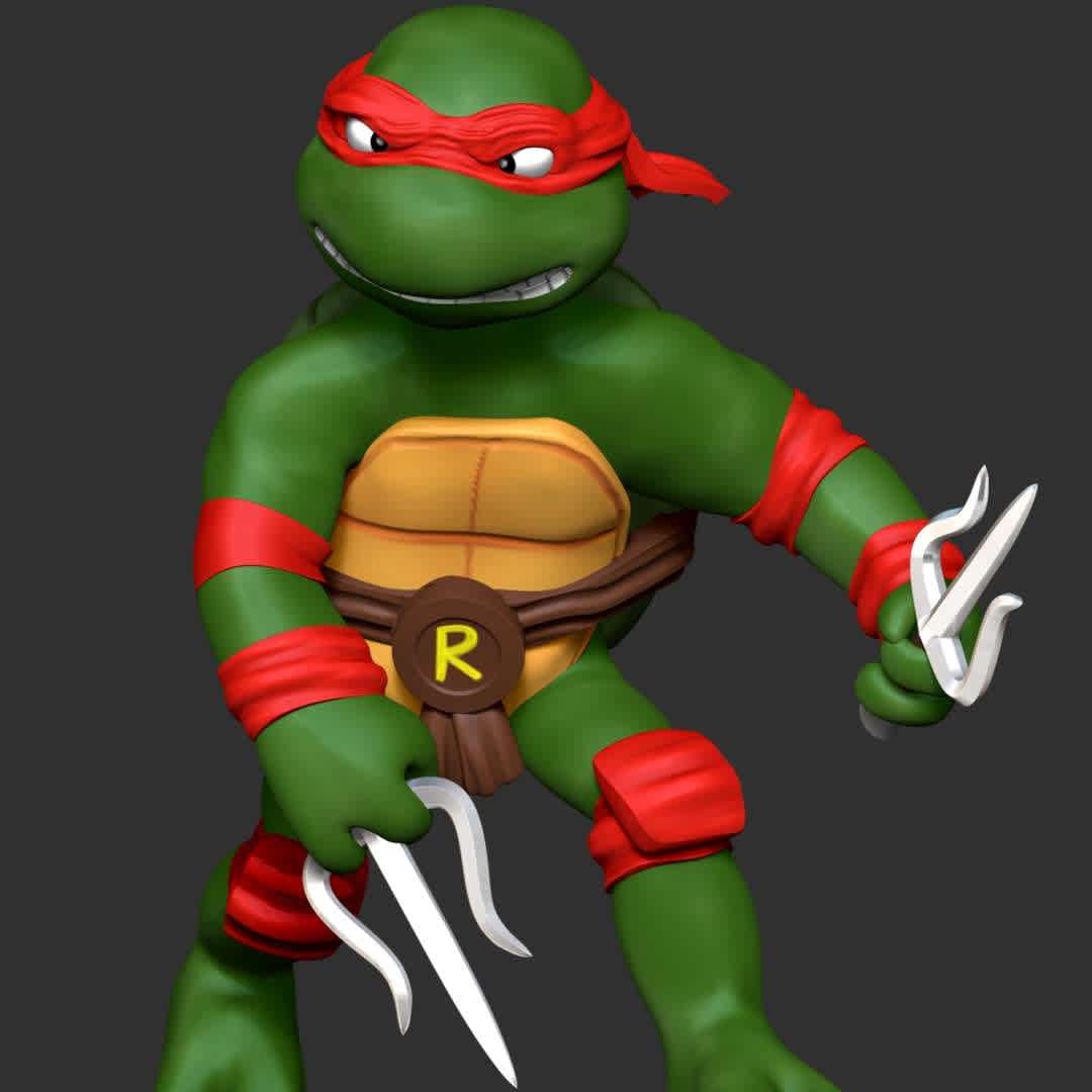 Raphael - Teenage Mutant ninja turtles - **Raphael, nicknamed Raph, is a superhero and one of the four main characters of the Teenage Mutant Ninja Turtles comics**

**The model ready for 3D printing.**

These information of model:

**- Format files: STL, OBJ to supporting 3D printing.**

**- Can be assembled without glue (glue is optional)**

**- Split down to 2 parts**

**- The height of current model is 20 cm and you can free to scale it.**

**- ZTL format for Zbrush for you to customize as you like.**

Please don't hesitate to contact me if you have any issues question.

If you see this model useful, please vote positively for it. - Los mejores archivos para impresión 3D del mundo. Modelos Stl divididos en partes para facilitar la impresión 3D. Todo tipo de personajes, decoración, cosplay, prótesis, piezas. Calidad en impresión 3D. Modelos 3D asequibles. Bajo costo. Compras colectivas de archivos 3D.