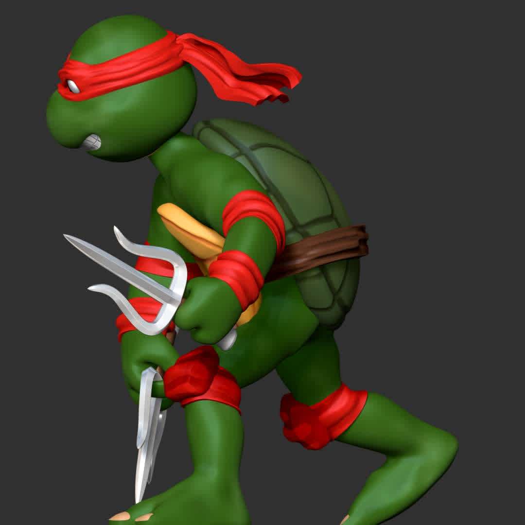 Raphael - Teenage Mutant ninja turtles - **Raphael, nicknamed Raph, is a superhero and one of the four main characters of the Teenage Mutant Ninja Turtles comics**

**The model ready for 3D printing.**

These information of model:

**- Format files: STL, OBJ to supporting 3D printing.**

**- Can be assembled without glue (glue is optional)**

**- Split down to 2 parts**

**- The height of current model is 20 cm and you can free to scale it.**

**- ZTL format for Zbrush for you to customize as you like.**

Please don't hesitate to contact me if you have any issues question.

If you see this model useful, please vote positively for it. - The best files for 3D printing in the world. Stl models divided into parts to facilitate 3D printing. All kinds of characters, decoration, cosplay, prosthetics, pieces. Quality in 3D printing. Affordable 3D models. Low cost. Collective purchases of 3D files.