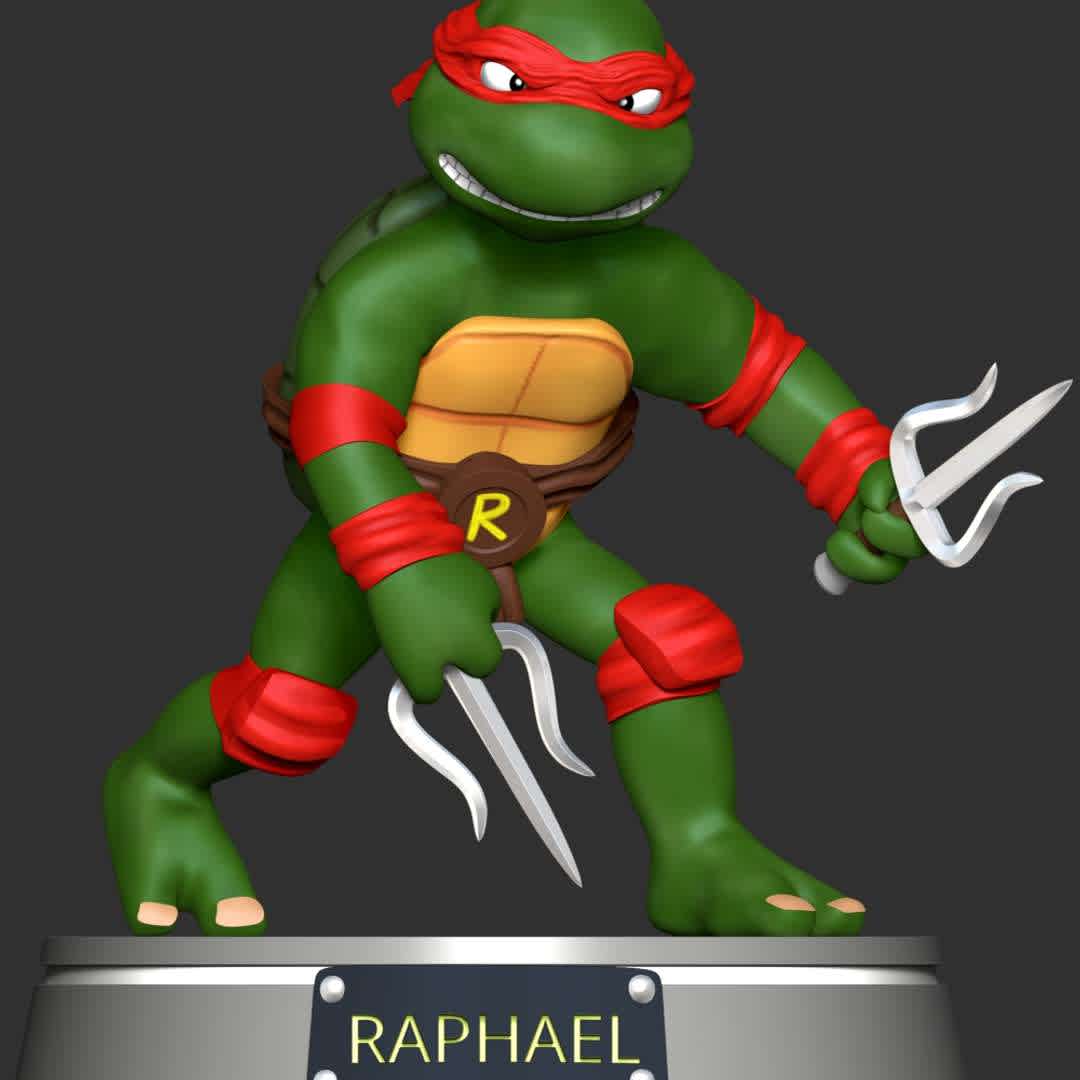 Raphael - Teenage Mutant ninja turtles - **Raphael, nicknamed Raph, is a superhero and one of the four main characters of the Teenage Mutant Ninja Turtles comics**

**The model ready for 3D printing.**

These information of model:

**- Format files: STL, OBJ to supporting 3D printing.**

**- Can be assembled without glue (glue is optional)**

**- Split down to 2 parts**

**- The height of current model is 20 cm and you can free to scale it.**

**- ZTL format for Zbrush for you to customize as you like.**

Please don't hesitate to contact me if you have any issues question.

If you see this model useful, please vote positively for it. - The best files for 3D printing in the world. Stl models divided into parts to facilitate 3D printing. All kinds of characters, decoration, cosplay, prosthetics, pieces. Quality in 3D printing. Affordable 3D models. Low cost. Collective purchases of 3D files.