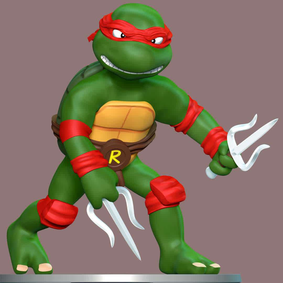 Raphael - Teenage Mutant ninja turtles - **Raphael, nicknamed Raph, is a superhero and one of the four main characters of the Teenage Mutant Ninja Turtles comics**

**The model ready for 3D printing.**

These information of model:

**- Format files: STL, OBJ to supporting 3D printing.**

**- Can be assembled without glue (glue is optional)**

**- Split down to 2 parts**

**- The height of current model is 20 cm and you can free to scale it.**

**- ZTL format for Zbrush for you to customize as you like.**

Please don't hesitate to contact me if you have any issues question.

If you see this model useful, please vote positively for it. - Os melhores arquivos para impressão 3D do mundo. Modelos stl divididos em partes para facilitar a impressão 3D. Todos os tipos de personagens, decoração, cosplay, próteses, peças. Qualidade na impressão 3D. Modelos 3D com preço acessível. Baixo custo. Compras coletivas de arquivos 3D.