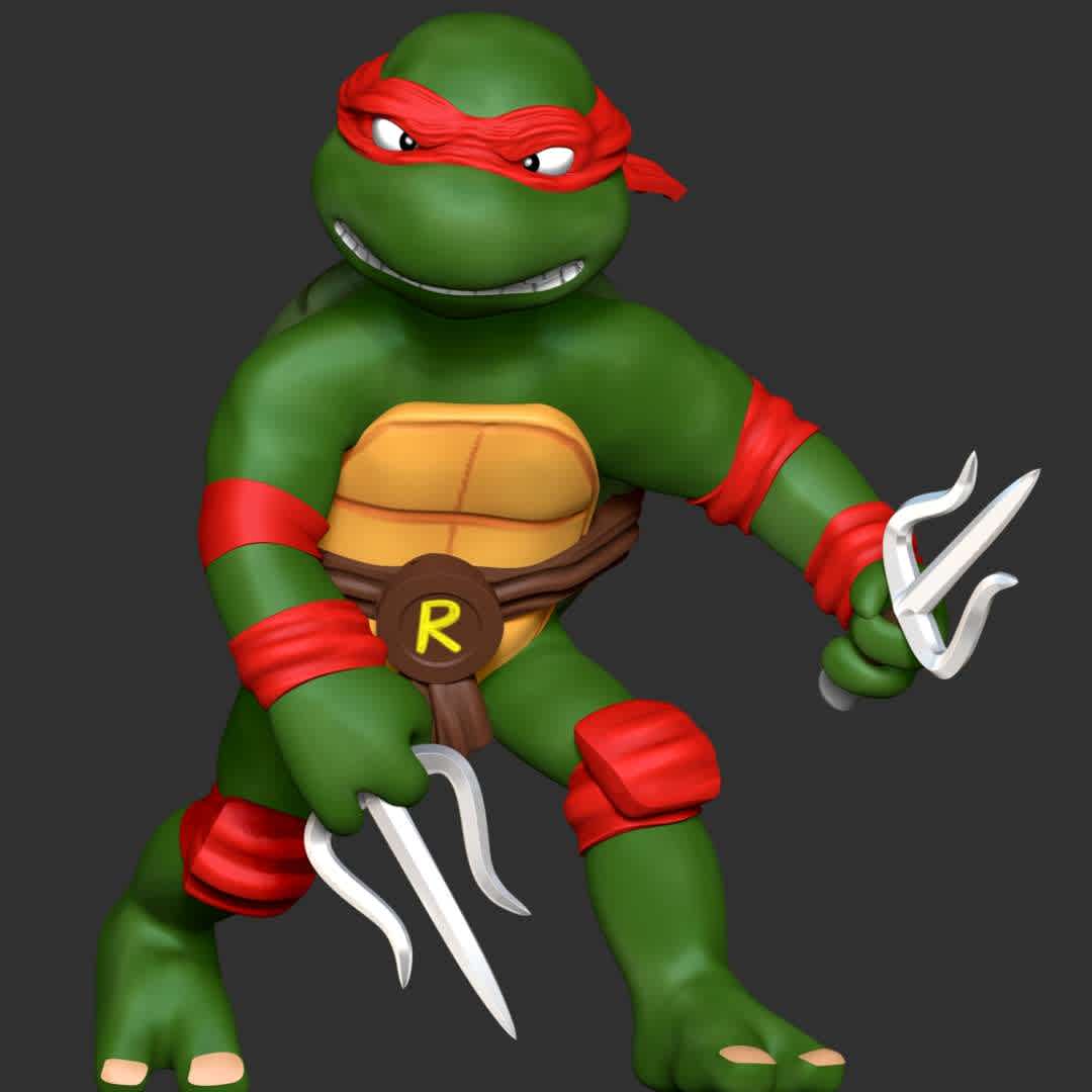 Raphael - Teenage Mutant ninja turtles - **Raphael, nicknamed Raph, is a superhero and one of the four main characters of the Teenage Mutant Ninja Turtles comics**

**The model ready for 3D printing.**

These information of model:

**- Format files: STL, OBJ to supporting 3D printing.**

**- Can be assembled without glue (glue is optional)**

**- Split down to 2 parts**

**- The height of current model is 20 cm and you can free to scale it.**

**- ZTL format for Zbrush for you to customize as you like.**

Please don't hesitate to contact me if you have any issues question.

If you see this model useful, please vote positively for it. - The best files for 3D printing in the world. Stl models divided into parts to facilitate 3D printing. All kinds of characters, decoration, cosplay, prosthetics, pieces. Quality in 3D printing. Affordable 3D models. Low cost. Collective purchases of 3D files.