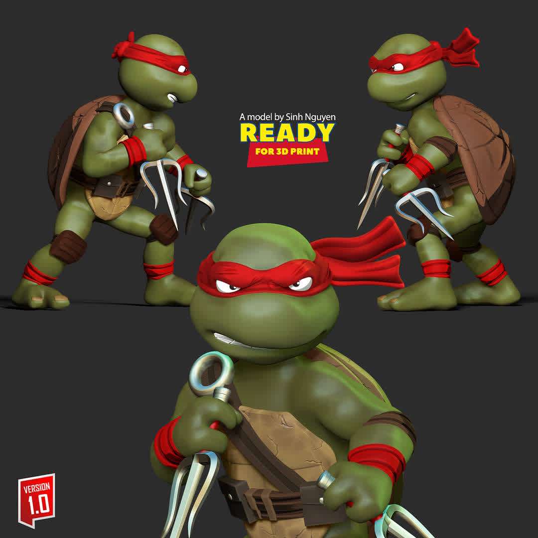 Raphael - Teenage Mutant Ninja Turtles 2 - "Raphael, nicknamed Raph, is a superhero and one of the four main characters of the Teenage Mutant Ninja Turtles comics."

Basic parameters:

- STL format for 3D printing with 06 discrete objects
- Model height: 16cm
- Version 1.0: Polygons: 1812406 & Vertices: 915746

Model ready for 3D printing.

Please vote positively for me if you find this model useful. - The best files for 3D printing in the world. Stl models divided into parts to facilitate 3D printing. All kinds of characters, decoration, cosplay, prosthetics, pieces. Quality in 3D printing. Affordable 3D models. Low cost. Collective purchases of 3D files.