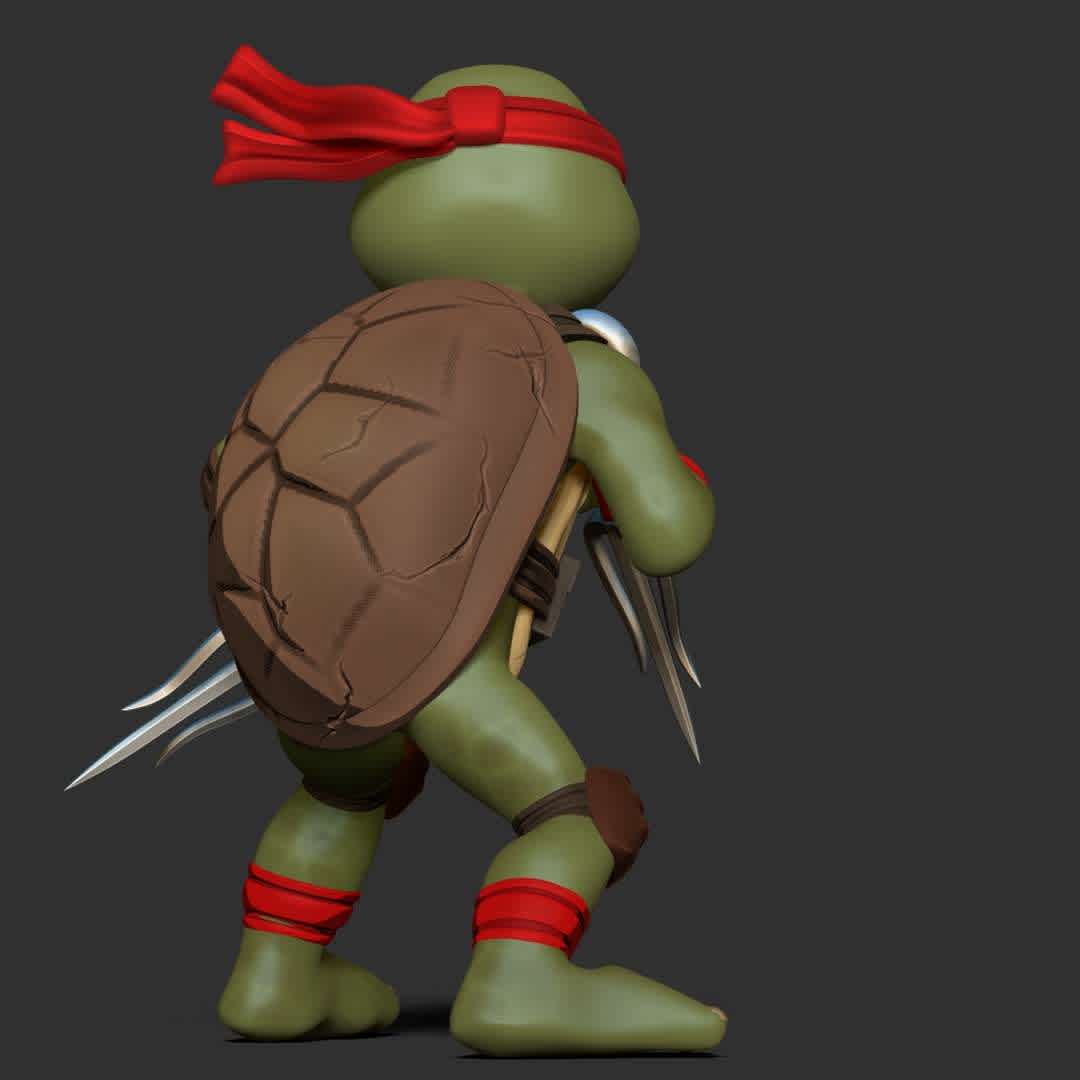 Raphael - Teenage Mutant Ninja Turtles 2 - "Raphael, nicknamed Raph, is a superhero and one of the four main characters of the Teenage Mutant Ninja Turtles comics."

Basic parameters:

- STL format for 3D printing with 06 discrete objects
- Model height: 16cm
- Version 1.0: Polygons: 1812406 & Vertices: 915746

Model ready for 3D printing.

Please vote positively for me if you find this model useful. - Los mejores archivos para impresión 3D del mundo. Modelos Stl divididos en partes para facilitar la impresión 3D. Todo tipo de personajes, decoración, cosplay, prótesis, piezas. Calidad en impresión 3D. Modelos 3D asequibles. Bajo costo. Compras colectivas de archivos 3D.