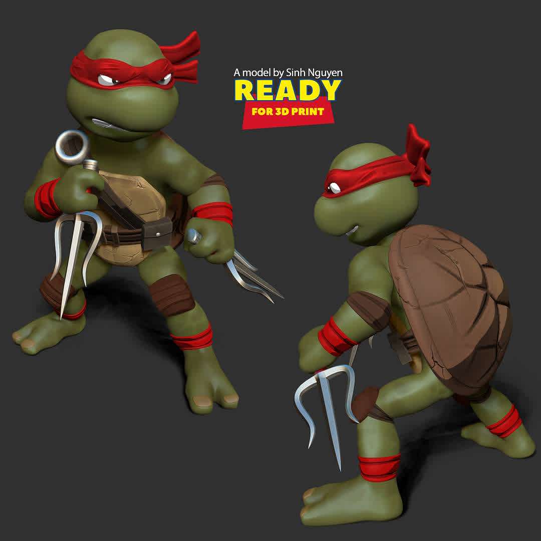 Raphael - Teenage Mutant Ninja Turtles 2 - "Raphael, nicknamed Raph, is a superhero and one of the four main characters of the Teenage Mutant Ninja Turtles comics."

Basic parameters:

- STL format for 3D printing with 06 discrete objects
- Model height: 16cm
- Version 1.0: Polygons: 1812406 & Vertices: 915746

Model ready for 3D printing.

Please vote positively for me if you find this model useful. - The best files for 3D printing in the world. Stl models divided into parts to facilitate 3D printing. All kinds of characters, decoration, cosplay, prosthetics, pieces. Quality in 3D printing. Affordable 3D models. Low cost. Collective purchases of 3D files.