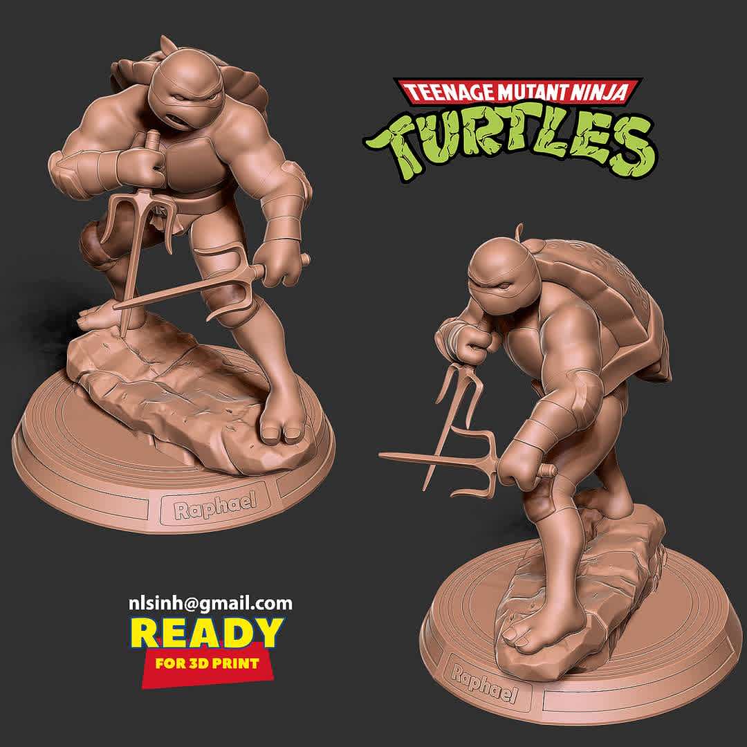 Raphael - Teenage Mutant Ninja Turtles - Raphael, nicknamed Raph, is a fictional superhero and one of the four main characters of the Teenage Mutant Ninja Turtles comics and all related media.

When you purchase this model, you will own:

-STL, OBJ file with 06 separated files (with key to connect together) is ready for 3D printing.

-Zbrush original files (ZTL) for you to customize as you like.

This is version 1.0 of this model.

Hope you like him. Thanks for viewing! - Los mejores archivos para impresión 3D del mundo. Modelos Stl divididos en partes para facilitar la impresión 3D. Todo tipo de personajes, decoración, cosplay, prótesis, piezas. Calidad en impresión 3D. Modelos 3D asequibles. Bajo costo. Compras colectivas de archivos 3D.