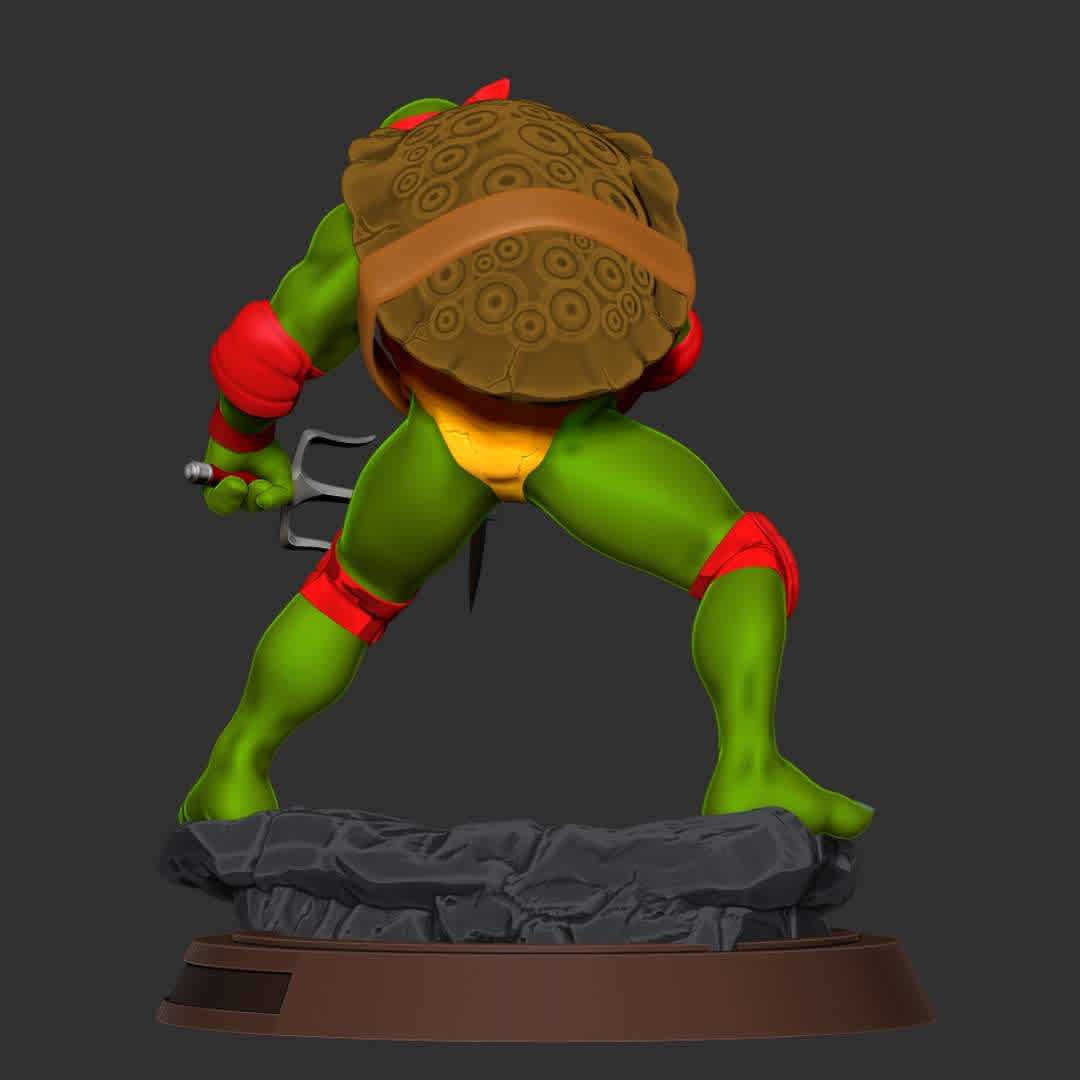 Raphael - Teenage Mutant Ninja Turtles - Raphael, nicknamed Raph, is a fictional superhero and one of the four main characters of the Teenage Mutant Ninja Turtles comics and all related media.

When you purchase this model, you will own:

-STL, OBJ file with 06 separated files (with key to connect together) is ready for 3D printing.

-Zbrush original files (ZTL) for you to customize as you like.

This is version 1.0 of this model.

Hope you like him. Thanks for viewing! - Os melhores arquivos para impressão 3D do mundo. Modelos stl divididos em partes para facilitar a impressão 3D. Todos os tipos de personagens, decoração, cosplay, próteses, peças. Qualidade na impressão 3D. Modelos 3D com preço acessível. Baixo custo. Compras coletivas de arquivos 3D.