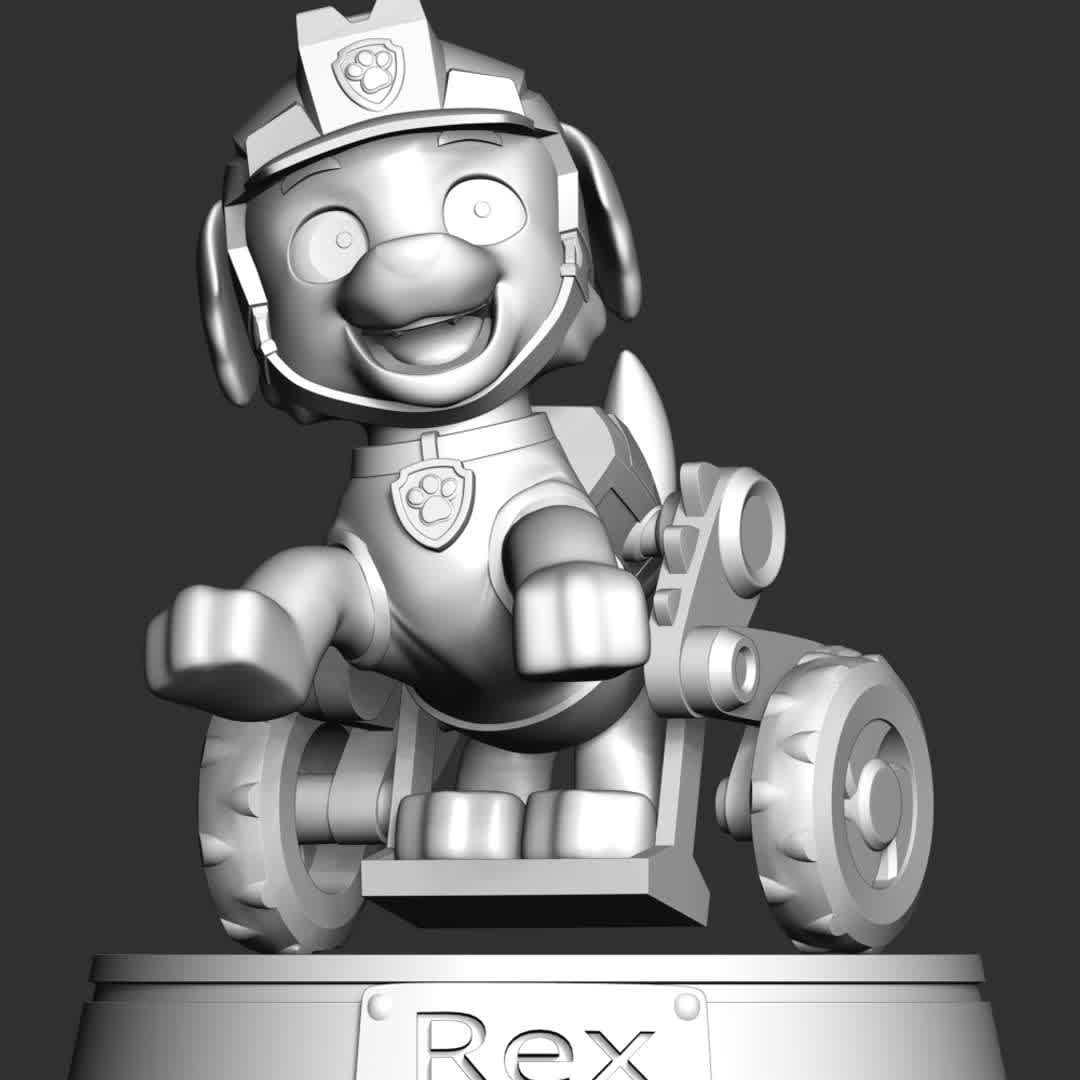 Rex - PAW Patrol  - **Rex is character primary purpose is to help dinosaurs and the PAW Patrol on their Dino Rescue missions, usually for communicative purposes.**

**The model ready for 3D printing.**

These information of model:

**- Format files: STL, OBJ to supporting 3D printing.**

**- Can be assembled without glue (glue is optional)**

**- Split down to 2 parts**

**- The height of current model is 20 cm and you can free to scale it.**

**- ZTL format for Zbrush for you to customize as you like.**

Please don't hesitate to contact me if you have any issues question.

If you see this model useful, please vote positively for it. - Los mejores archivos para impresión 3D del mundo. Modelos Stl divididos en partes para facilitar la impresión 3D. Todo tipo de personajes, decoración, cosplay, prótesis, piezas. Calidad en impresión 3D. Modelos 3D asequibles. Bajo costo. Compras colectivas de archivos 3D.