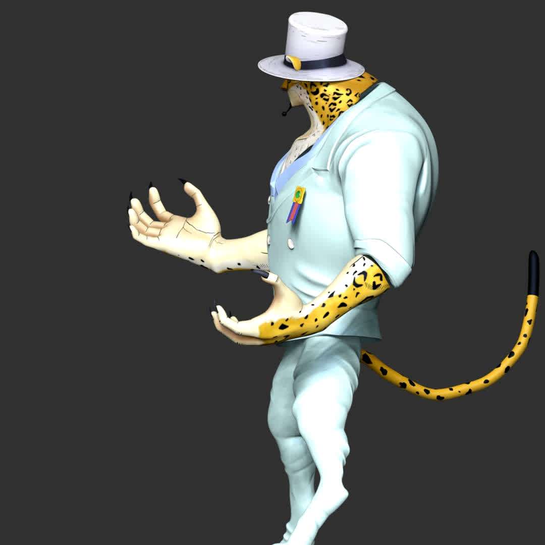 Rob Lucci beast form Leopard - One Piece - ** Rob Lucci also known as "Massacre Weapon" is a Cipher Pol agent of the World Government and a masked agent of CP0**

**The model ready for 3D printing.**

These information of model:

**- Format files: STL, OBJ to supporting 3D printing.**

**- Can be assembled without glue (glue is optional)**

**- Split down to 3 parts**

**- The height of current model is 20 cm and you can free to scale it.**

**- ZTL format for Zbrush for you to customize as you like.**

Please don't hesitate to contact me if you have any issues question.

If you see this model useful, please vote positively for it. - Los mejores archivos para impresión 3D del mundo. Modelos Stl divididos en partes para facilitar la impresión 3D. Todo tipo de personajes, decoración, cosplay, prótesis, piezas. Calidad en impresión 3D. Modelos 3D asequibles. Bajo costo. Compras colectivas de archivos 3D.