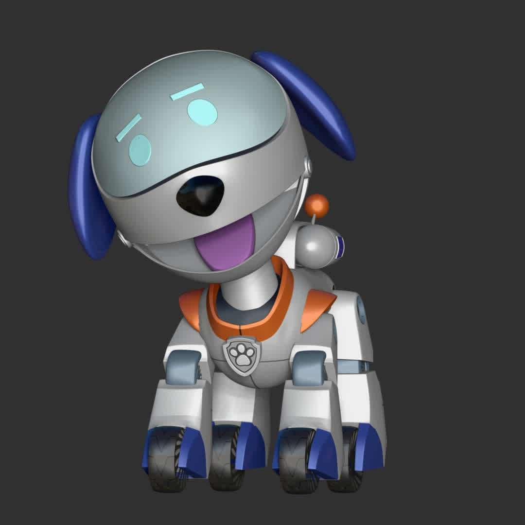 Robo-Dog Paw Patrol - Robo-Dog is Ryder's dog robot. He was created by Ryder himself, with some help from Rocky. He drives the PAW Patroller

These information of this model:

 - Files format: STL, OBJ (included 03 separated files is ready for 3D printing). 
 - Zbrush original file (ZTL) for you to customize as you like.
 - The height is 20 cm
 - The version 1.0. 

The model ready for 3D printing.
Hope you like it.
Don't hesitate to contact me if there are any problems during printing the model. - The best files for 3D printing in the world. Stl models divided into parts to facilitate 3D printing. All kinds of characters, decoration, cosplay, prosthetics, pieces. Quality in 3D printing. Affordable 3D models. Low cost. Collective purchases of 3D files.