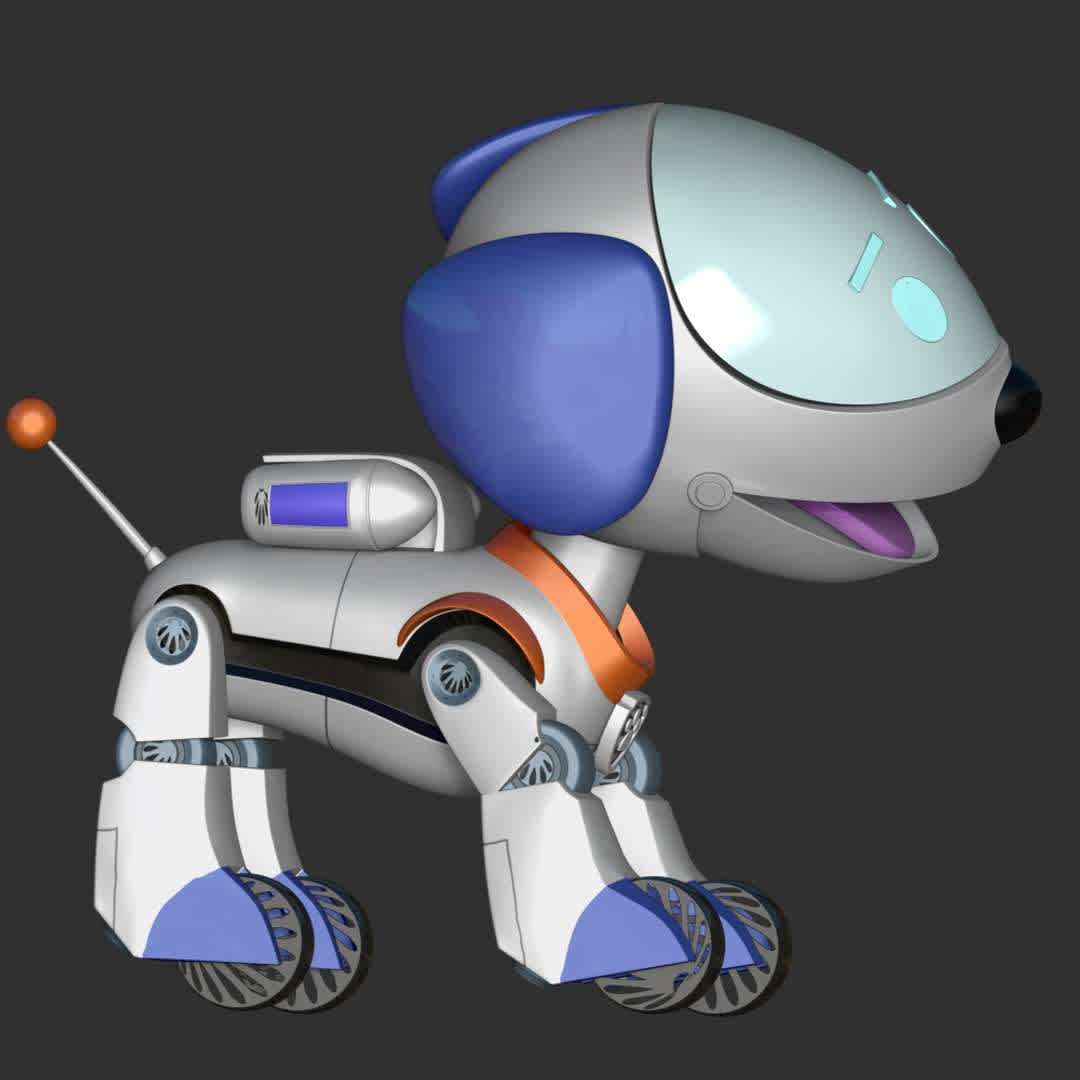 Robo-Dog Paw Patrol - Robo-Dog is Ryder's dog robot. He was created by Ryder himself, with some help from Rocky. He drives the PAW Patroller

These information of this model:

 - Files format: STL, OBJ (included 03 separated files is ready for 3D printing). 
 - Zbrush original file (ZTL) for you to customize as you like.
 - The height is 20 cm
 - The version 1.0. 

The model ready for 3D printing.
Hope you like it.
Don't hesitate to contact me if there are any problems during printing the model. - The best files for 3D printing in the world. Stl models divided into parts to facilitate 3D printing. All kinds of characters, decoration, cosplay, prosthetics, pieces. Quality in 3D printing. Affordable 3D models. Low cost. Collective purchases of 3D files.