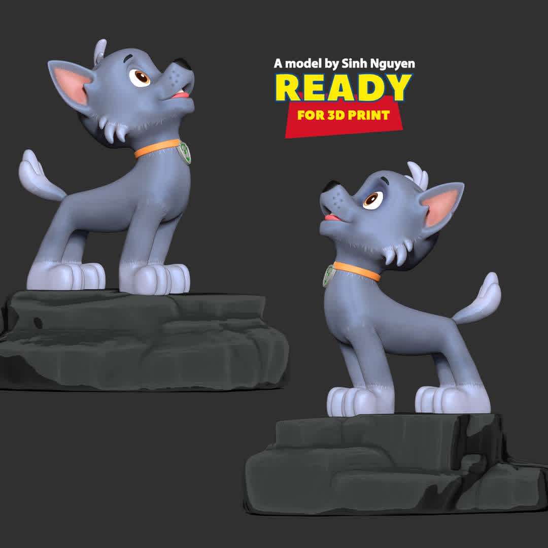 Rocky - Howling Dog Hill - Rocky is one of the main protagonists of the PAW Patrol

Basic parameters:

- STL, OBJ format for 3D printing with 02 discrete objects
- ZTL format for Zbrush (version 2019.1.2 or later)
- Model height: 15cm
- Version 1.0 - Polygons: 1015325 & Vertices: 592550

Model ready for 3D printing.

Please vote positively for me if you find this model useful. - The best files for 3D printing in the world. Stl models divided into parts to facilitate 3D printing. All kinds of characters, decoration, cosplay, prosthetics, pieces. Quality in 3D printing. Affordable 3D models. Low cost. Collective purchases of 3D files.