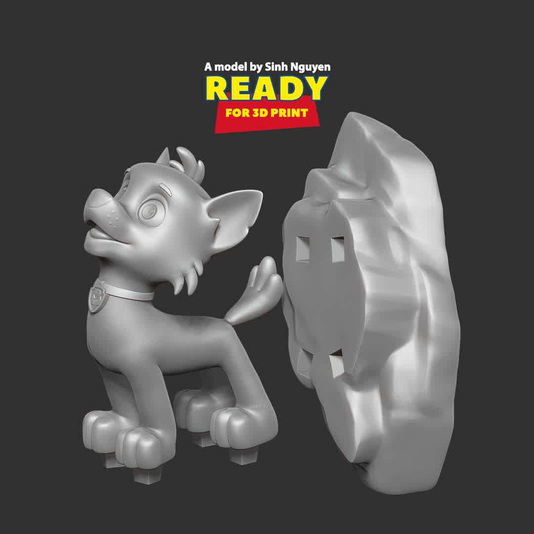 Rocky - Howling Dog Hill - Rocky is one of the main protagonists of the PAW Patrol

Basic parameters:

- STL, OBJ format for 3D printing with 02 discrete objects
- ZTL format for Zbrush (version 2019.1.2 or later)
- Model height: 15cm
- Version 1.0 - Polygons: 1015325 & Vertices: 592550

Model ready for 3D printing.

Please vote positively for me if you find this model useful. - The best files for 3D printing in the world. Stl models divided into parts to facilitate 3D printing. All kinds of characters, decoration, cosplay, prosthetics, pieces. Quality in 3D printing. Affordable 3D models. Low cost. Collective purchases of 3D files.