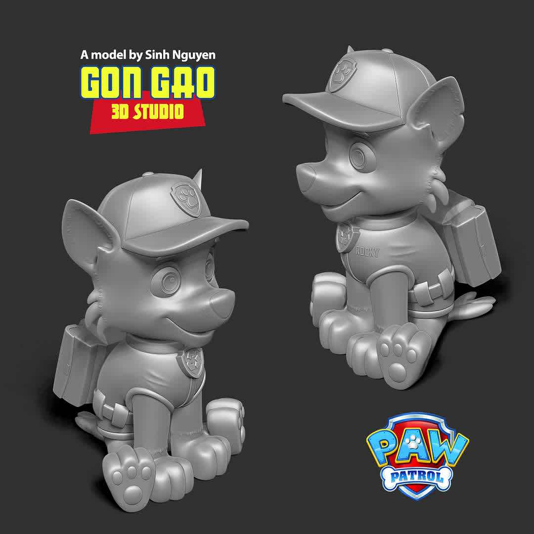 Rocky - Paw Patrol  - "Rocky is one of the seven main protagonists in the PAW Patrol series."

Basic parameters:

- STLformat for 3D printing with 03 discrete objects
- Model height: 15cm
- Version 1.0: Polygons: 1313992 & Vertices: 692569

Model ready for 3D printing.

Please vote positively for me if you find this model useful. - Os melhores arquivos para impressão 3D do mundo. Modelos stl divididos em partes para facilitar a impressão 3D. Todos os tipos de personagens, decoração, cosplay, próteses, peças. Qualidade na impressão 3D. Modelos 3D com preço acessível. Baixo custo. Compras coletivas de arquivos 3D.