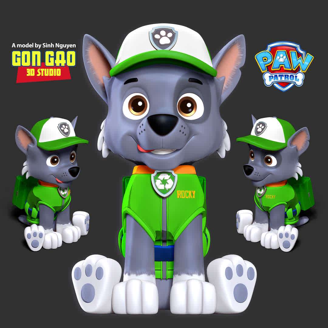 Rocky - Paw Patrol  - "Rocky is one of the seven main protagonists in the PAW Patrol series."

Basic parameters:

- STLformat for 3D printing with 03 discrete objects
- Model height: 15cm
- Version 1.0: Polygons: 1313992 & Vertices: 692569

Model ready for 3D printing.

Please vote positively for me if you find this model useful. - Los mejores archivos para impresión 3D del mundo. Modelos Stl divididos en partes para facilitar la impresión 3D. Todo tipo de personajes, decoración, cosplay, prótesis, piezas. Calidad en impresión 3D. Modelos 3D asequibles. Bajo costo. Compras colectivas de archivos 3D.