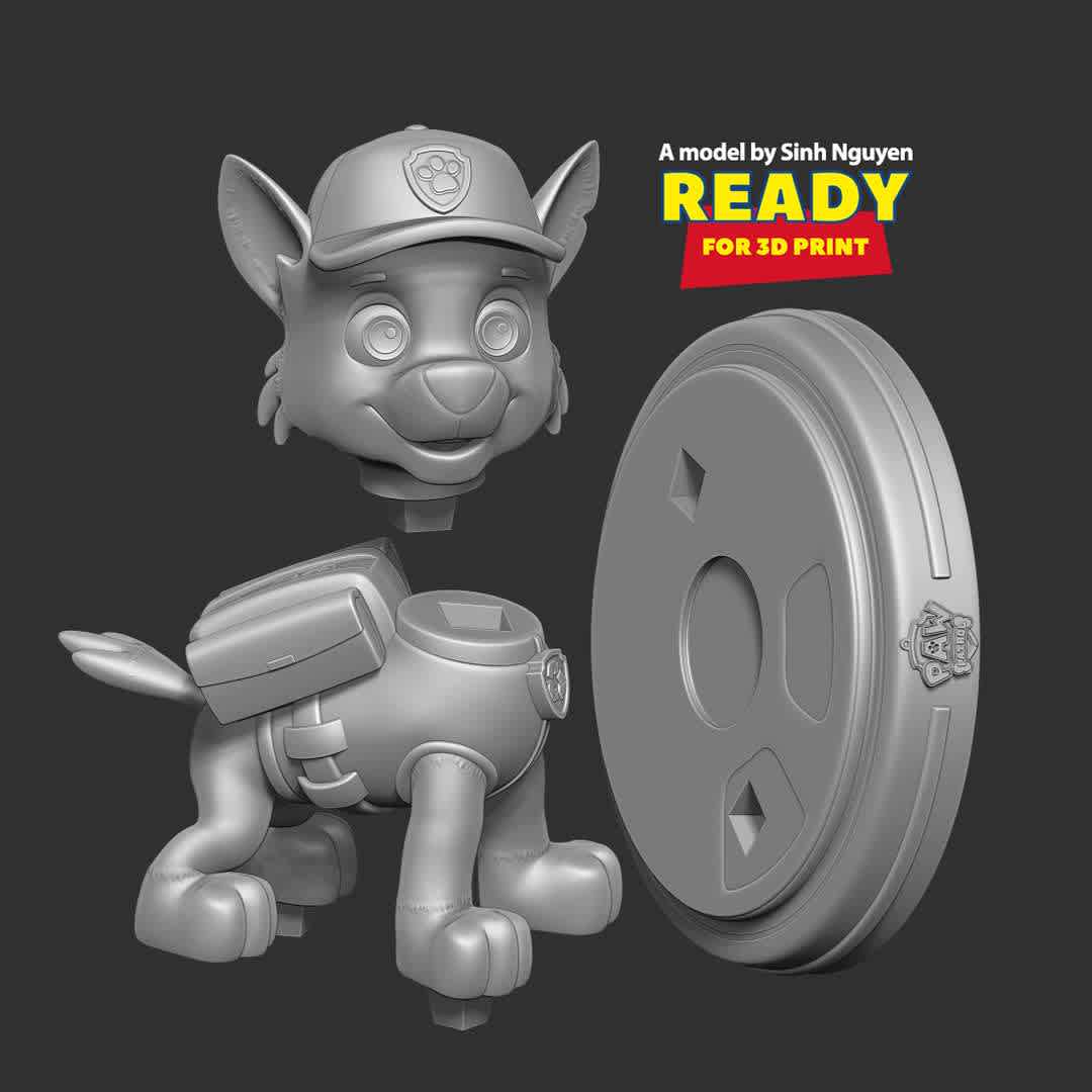 Rocky - Paw Patrol Fanart - "Rocky is a male mixed breed Eco Pup. My two kids love him from the Paw Patrol animated series."

Basic parameters:

- STL, OBJ format for 3D printing with 03 discrete objects
- ZTL format for Zbrush (version 2019.1.2 or later)
- Model height: 13cm
- Version 1.0 - Polygons: 1599077 & Vertices: 898106

Model ready for 3D printing.

Please vote positively for me if you find this model useful. - Os melhores arquivos para impressão 3D do mundo. Modelos stl divididos em partes para facilitar a impressão 3D. Todos os tipos de personagens, decoração, cosplay, próteses, peças. Qualidade na impressão 3D. Modelos 3D com preço acessível. Baixo custo. Compras coletivas de arquivos 3D.