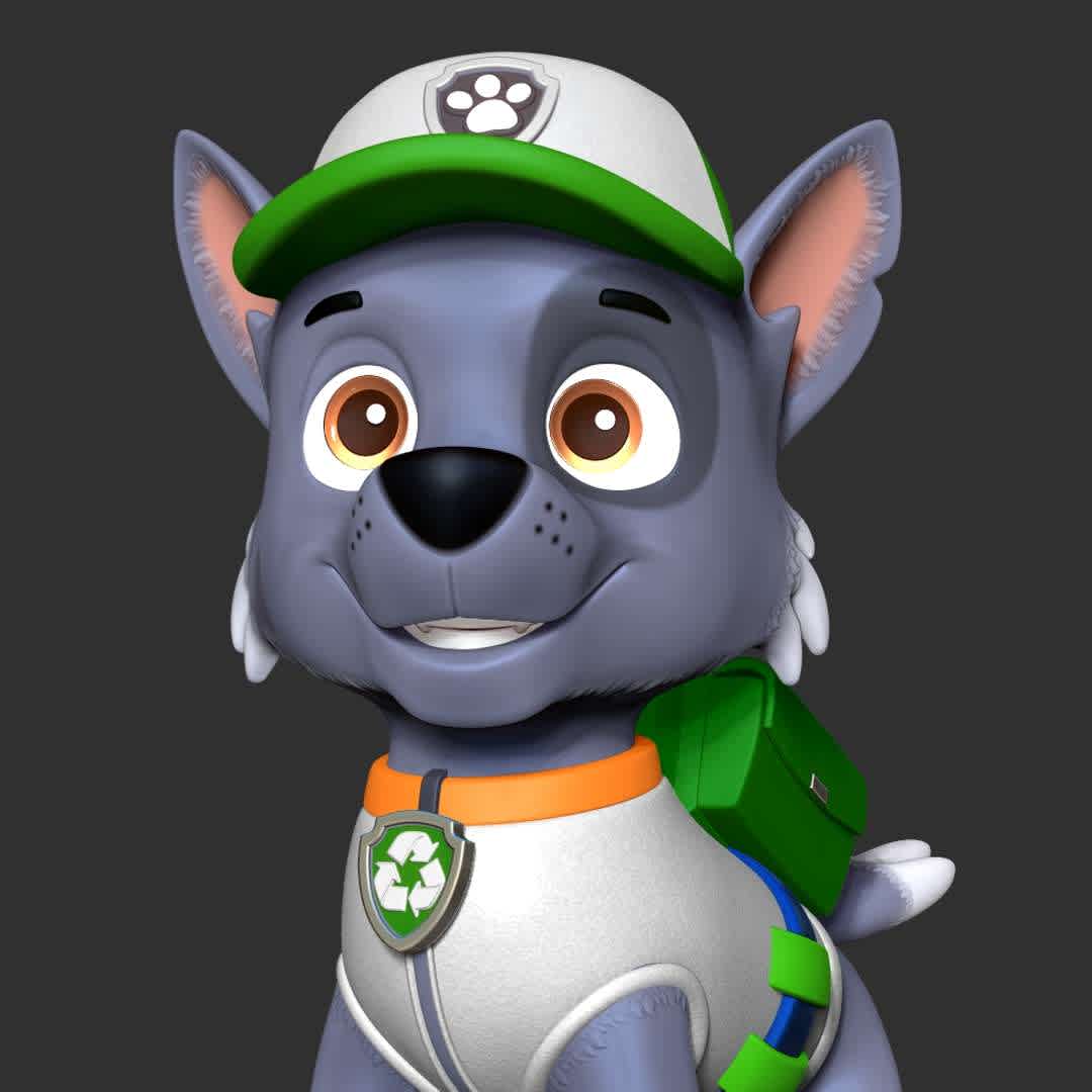 Rocky - Paw Patrol Fanart - "Rocky is a male mixed breed Eco Pup. My two kids love him from the Paw Patrol animated series."

Basic parameters:

- STL, OBJ format for 3D printing with 03 discrete objects
- ZTL format for Zbrush (version 2019.1.2 or later)
- Model height: 13cm
- Version 1.0 - Polygons: 1599077 & Vertices: 898106

Model ready for 3D printing.

Please vote positively for me if you find this model useful. - Os melhores arquivos para impressão 3D do mundo. Modelos stl divididos em partes para facilitar a impressão 3D. Todos os tipos de personagens, decoração, cosplay, próteses, peças. Qualidade na impressão 3D. Modelos 3D com preço acessível. Baixo custo. Compras coletivas de arquivos 3D.