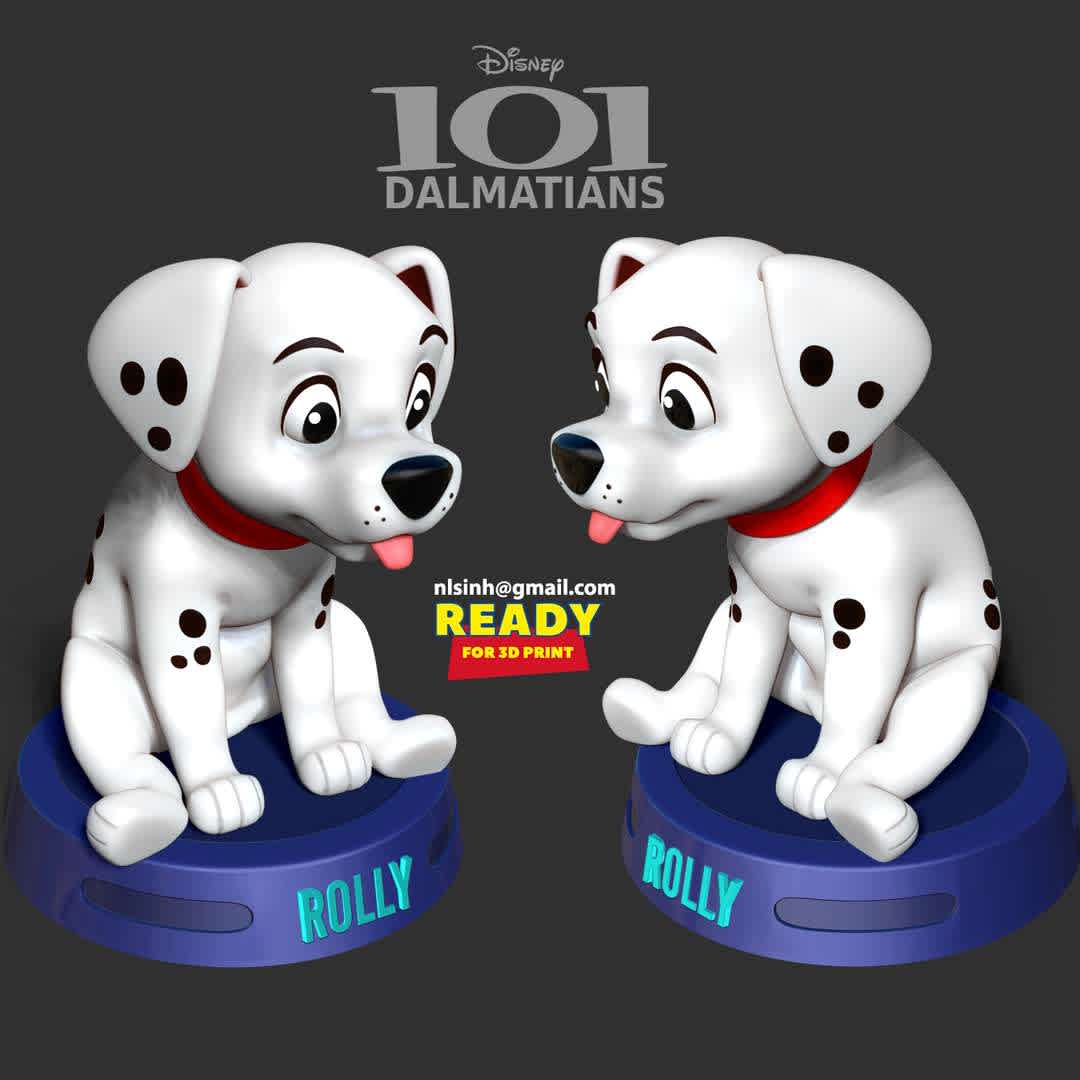 Rolly - 101 dalmatians  - Rolly is an obese Dalmatian puppy who first appeared in the film 101 Dalmatians.

When you purchase this model, you will own:

-STL, OBJ file with 03 separated files (with key to connect together) is ready for 3D printing.

-Zbrush original files (ZTL) for you to customize as you like.

This is version 1.0 of this model.

Hope you like him. Thanks for viewing! - Los mejores archivos para impresión 3D del mundo. Modelos Stl divididos en partes para facilitar la impresión 3D. Todo tipo de personajes, decoración, cosplay, prótesis, piezas. Calidad en impresión 3D. Modelos 3D asequibles. Bajo costo. Compras colectivas de archivos 3D.