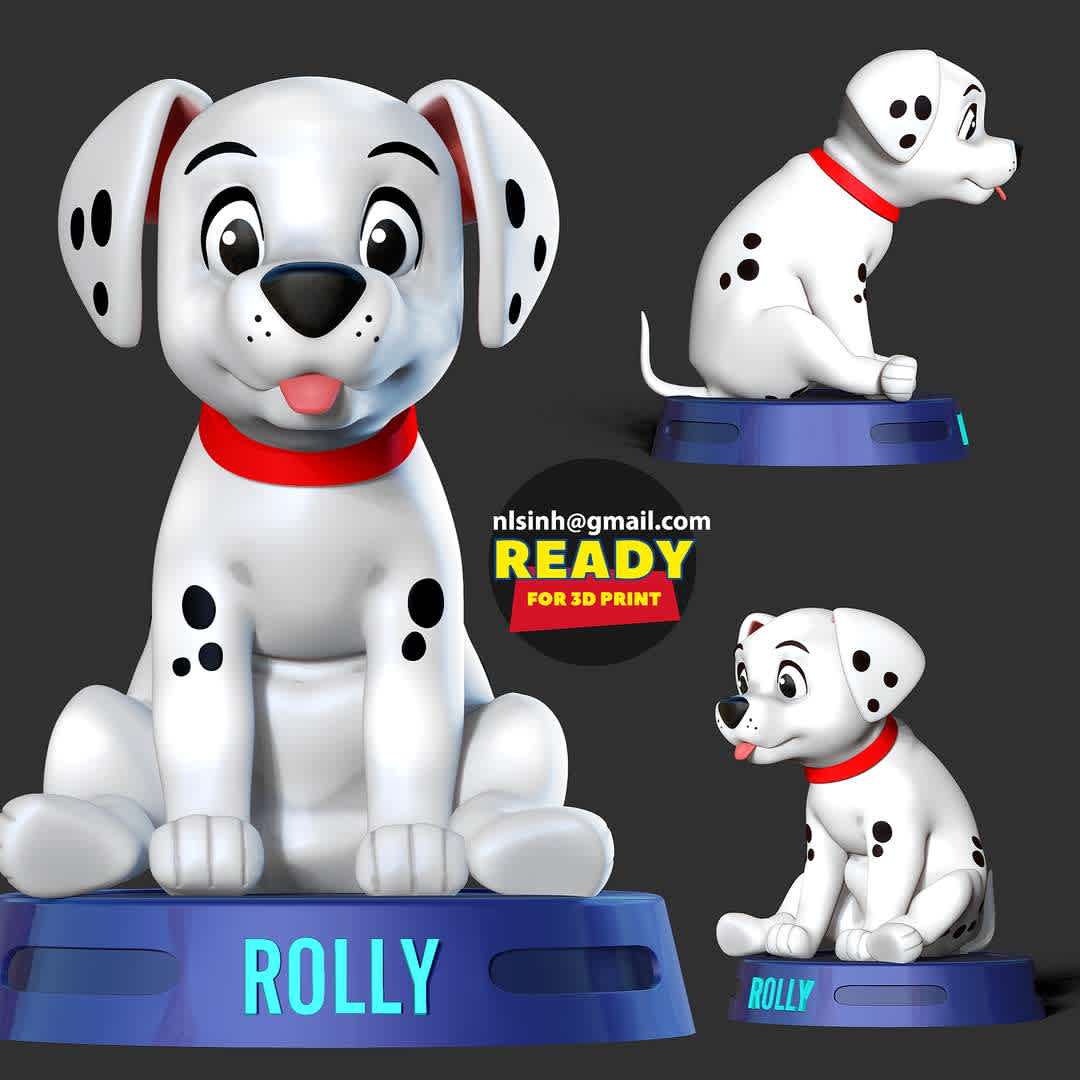 Rolly - 101 dalmatians  - Rolly is an obese Dalmatian puppy who first appeared in the film 101 Dalmatians.

When you purchase this model, you will own:

-STL, OBJ file with 03 separated files (with key to connect together) is ready for 3D printing.

-Zbrush original files (ZTL) for you to customize as you like.

This is version 1.0 of this model.

Hope you like him. Thanks for viewing! - Los mejores archivos para impresión 3D del mundo. Modelos Stl divididos en partes para facilitar la impresión 3D. Todo tipo de personajes, decoración, cosplay, prótesis, piezas. Calidad en impresión 3D. Modelos 3D asequibles. Bajo costo. Compras colectivas de archivos 3D.