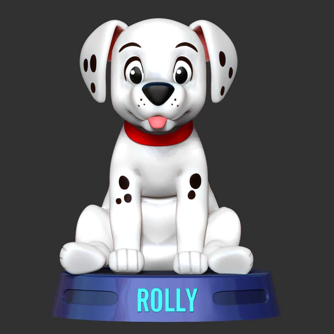 Rolly - 101 dalmatians  - Rolly is an obese Dalmatian puppy who first appeared in the film 101 Dalmatians.

When you purchase this model, you will own:

-STL, OBJ file with 03 separated files (with key to connect together) is ready for 3D printing.

-Zbrush original files (ZTL) for you to customize as you like.

This is version 1.0 of this model.

Hope you like him. Thanks for viewing! - Los mejores archivos para impresión 3D del mundo. Modelos Stl divididos en partes para facilitar la impresión 3D. Todo tipo de personajes, decoración, cosplay, prótesis, piezas. Calidad en impresión 3D. Modelos 3D asequibles. Bajo costo. Compras colectivas de archivos 3D.