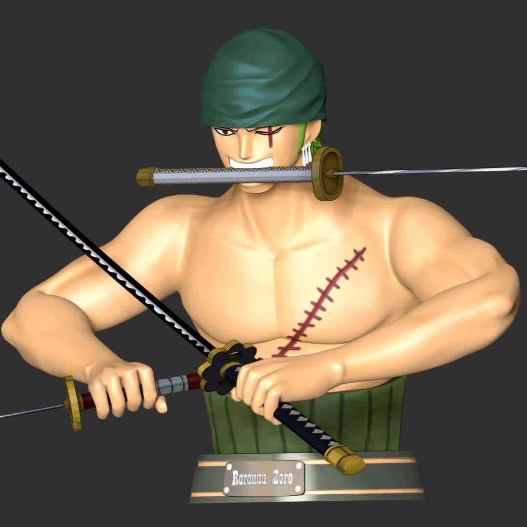 Roronoa Zoro Bust - One Piece - These information of model:

**- The height of current model is 20 cm and you can free to scale it.**

**- Format files: STL, OBJ to supporting 3D printing.**

Please don't hesitate to contact me if you have any issues question.
 - The best files for 3D printing in the world. Stl models divided into parts to facilitate 3D printing. All kinds of characters, decoration, cosplay, prosthetics, pieces. Quality in 3D printing. Affordable 3D models. Low cost. Collective purchases of 3D files.