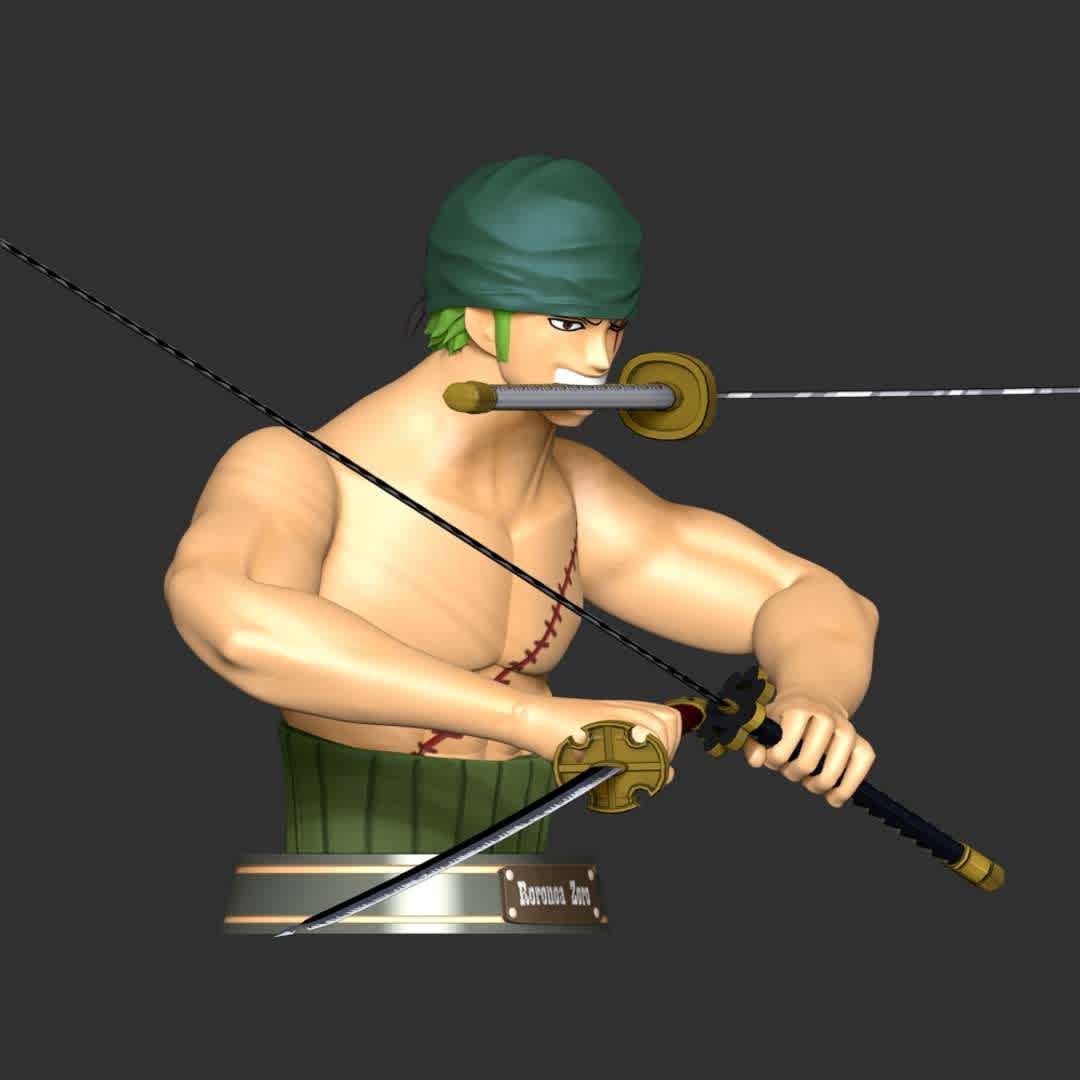 Roronoa Zoro Bust - One Piece - These information of model:

**- The height of current model is 20 cm and you can free to scale it.**

**- Format files: STL, OBJ to supporting 3D printing.**

Please don't hesitate to contact me if you have any issues question.
 - The best files for 3D printing in the world. Stl models divided into parts to facilitate 3D printing. All kinds of characters, decoration, cosplay, prosthetics, pieces. Quality in 3D printing. Affordable 3D models. Low cost. Collective purchases of 3D files.