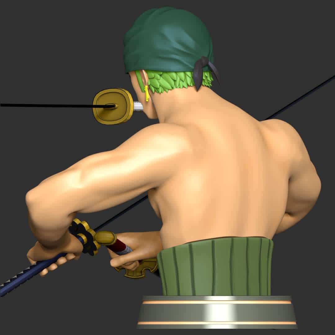 Roronoa Zoro Bust - One Piece - These information of model:

**- The height of current model is 20 cm and you can free to scale it.**

**- Format files: STL, OBJ to supporting 3D printing.**

Please don't hesitate to contact me if you have any issues question.
 - The best files for 3D printing in the world. Stl models divided into parts to facilitate 3D printing. All kinds of characters, decoration, cosplay, prosthetics, pieces. Quality in 3D printing. Affordable 3D models. Low cost. Collective purchases of 3D files.