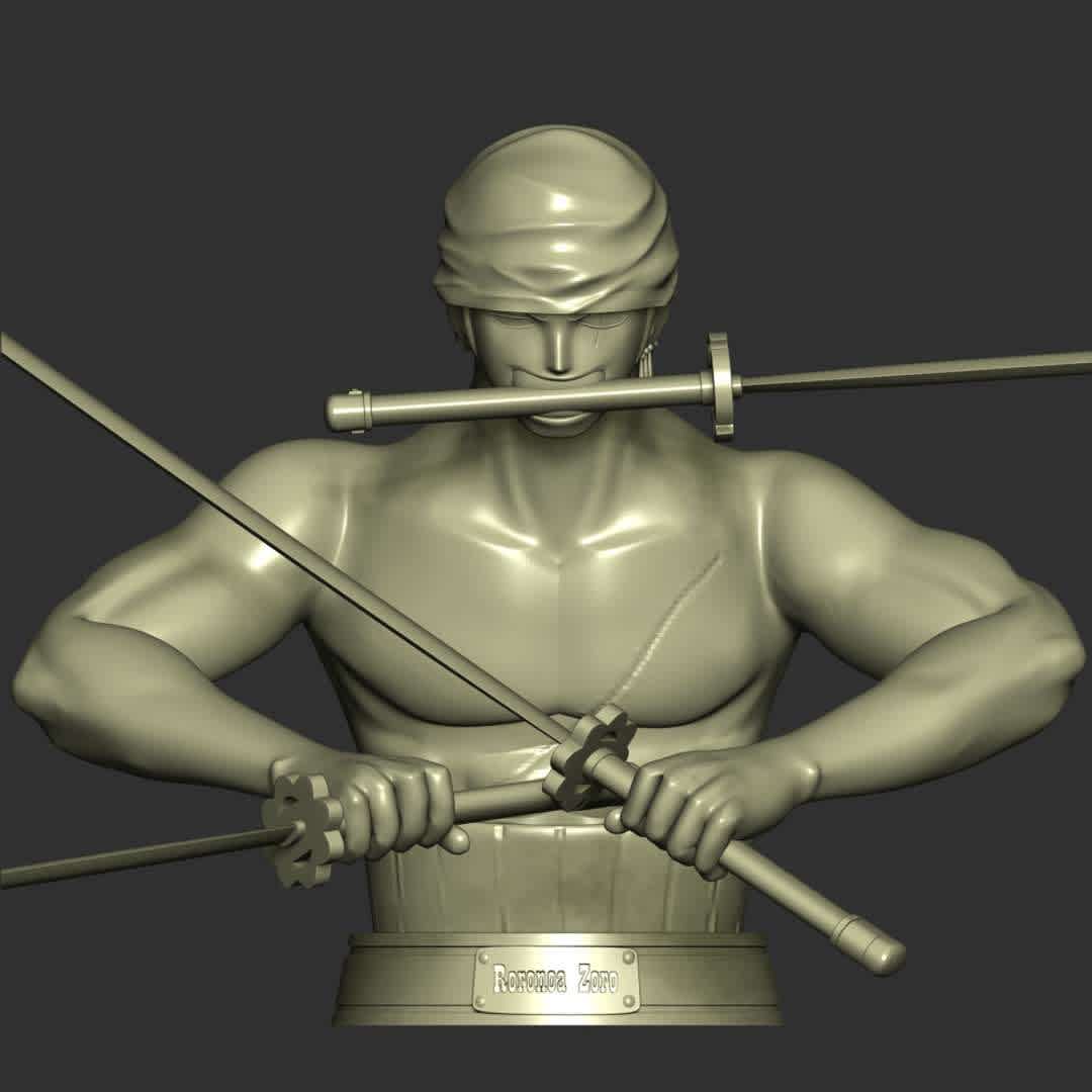 Roronoa Zoro Bust - One Piece - These information of model:

**- The height of current model is 20 cm and you can free to scale it.**

**- Format files: STL, OBJ to supporting 3D printing.**

Please don't hesitate to contact me if you have any issues question.
 - The best files for 3D printing in the world. Stl models divided into parts to facilitate 3D printing. All kinds of characters, decoration, cosplay, prosthetics, pieces. Quality in 3D printing. Affordable 3D models. Low cost. Collective purchases of 3D files.