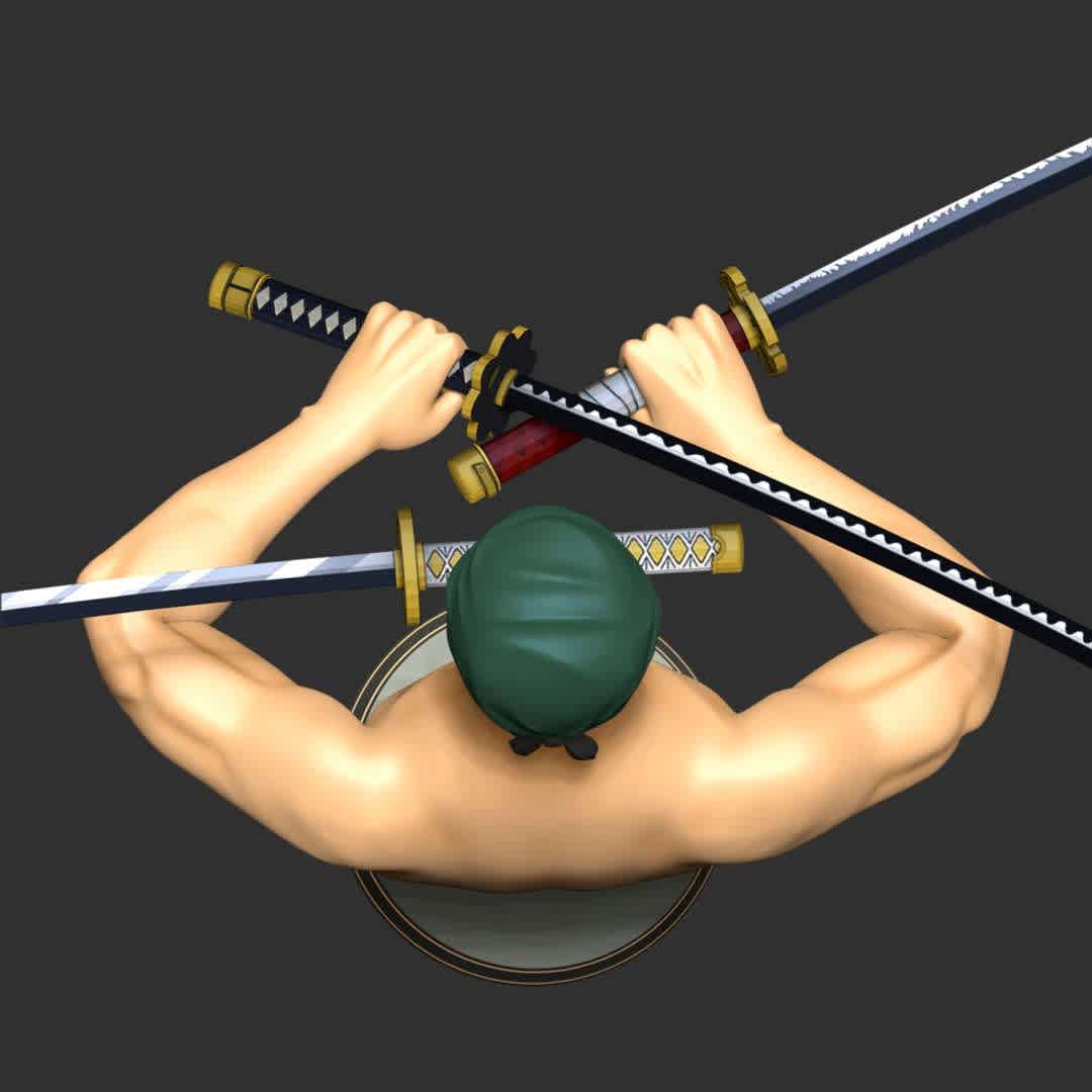 Roronoa Zoro Bust - One Piece - These information of model:

**- The height of current model is 20 cm and you can free to scale it.**

**- Format files: STL, OBJ to supporting 3D printing.**

Please don't hesitate to contact me if you have any issues question.
 - The best files for 3D printing in the world. Stl models divided into parts to facilitate 3D printing. All kinds of characters, decoration, cosplay, prosthetics, pieces. Quality in 3D printing. Affordable 3D models. Low cost. Collective purchases of 3D files.