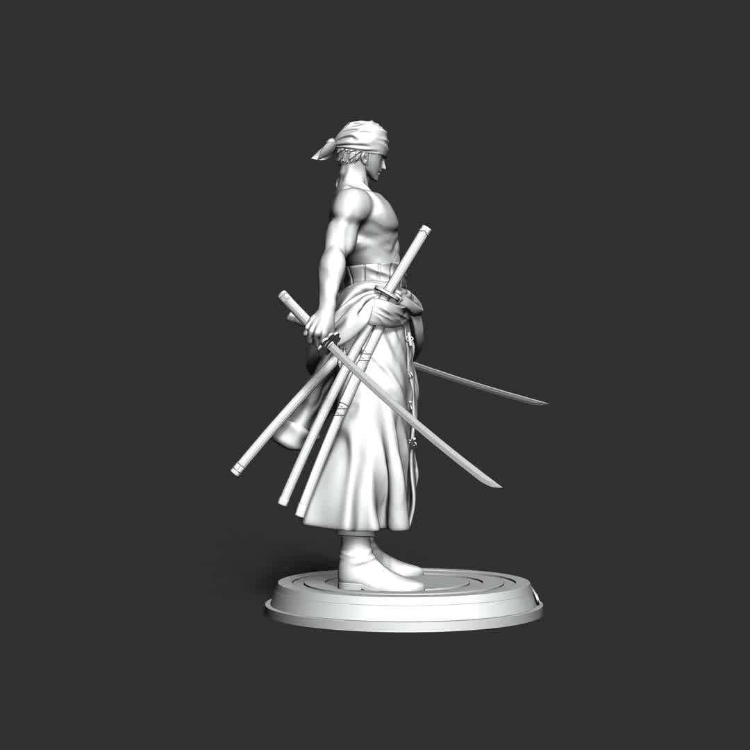 Roronoa Zoro - One Piece - The model size: X 17,2 × Y 20 × Z 11,2 cm

When you purchase this model, you will own:
- STL, OBJ file with 04 separated files (included key to connect parts) is ready for 3D printing.
 - Zbrush original files (ZTL) for you to customize as you like.

This is version 1.0 of this model.
Thanks for viewing! Hope you like him. - The best files for 3D printing in the world. Stl models divided into parts to facilitate 3D printing. All kinds of characters, decoration, cosplay, prosthetics, pieces. Quality in 3D printing. Affordable 3D models. Low cost. Collective purchases of 3D files.