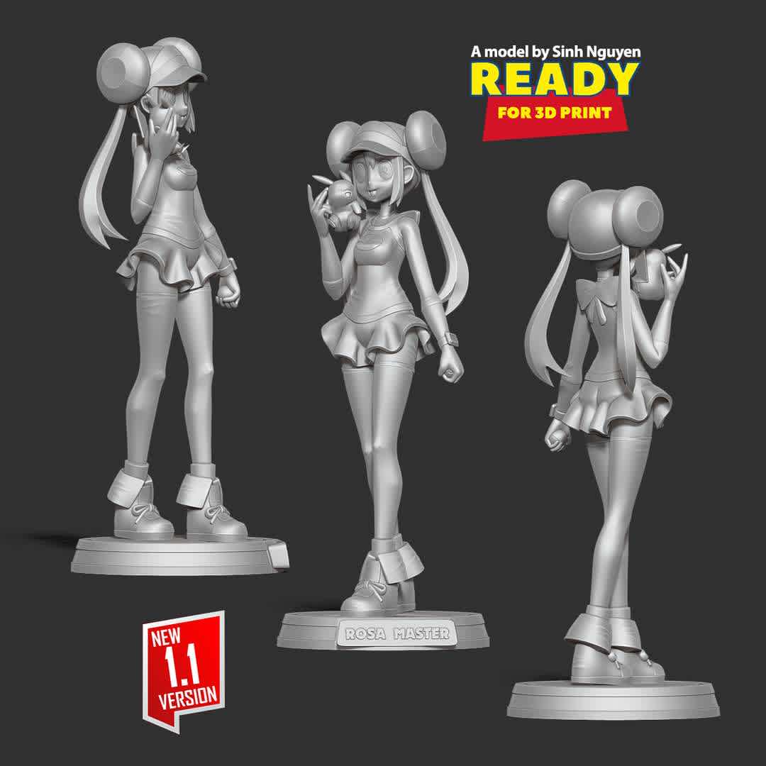 Rosa - Pokemon Masters Fanart  - Rosa is a character appearing in Pokémon Masters. She is a potential Rank-5 trainer. - Excerpt from Pokémon Wiki

Basic parameters:

- STL, OBJ format for 3D printing with 06 discrete objects
- ZTL format for Zbrush (version 2019.1.2 or later)
- Model height: 25cm
- Version:

+08th July, 2020: This version is 1.0

+05th Novermber, 2022: version 1.1 - Set the height for the model. Refine the model & Merge discrete parts together.

Thanks for your support. Hope you guys like her! - The best files for 3D printing in the world. Stl models divided into parts to facilitate 3D printing. All kinds of characters, decoration, cosplay, prosthetics, pieces. Quality in 3D printing. Affordable 3D models. Low cost. Collective purchases of 3D files.