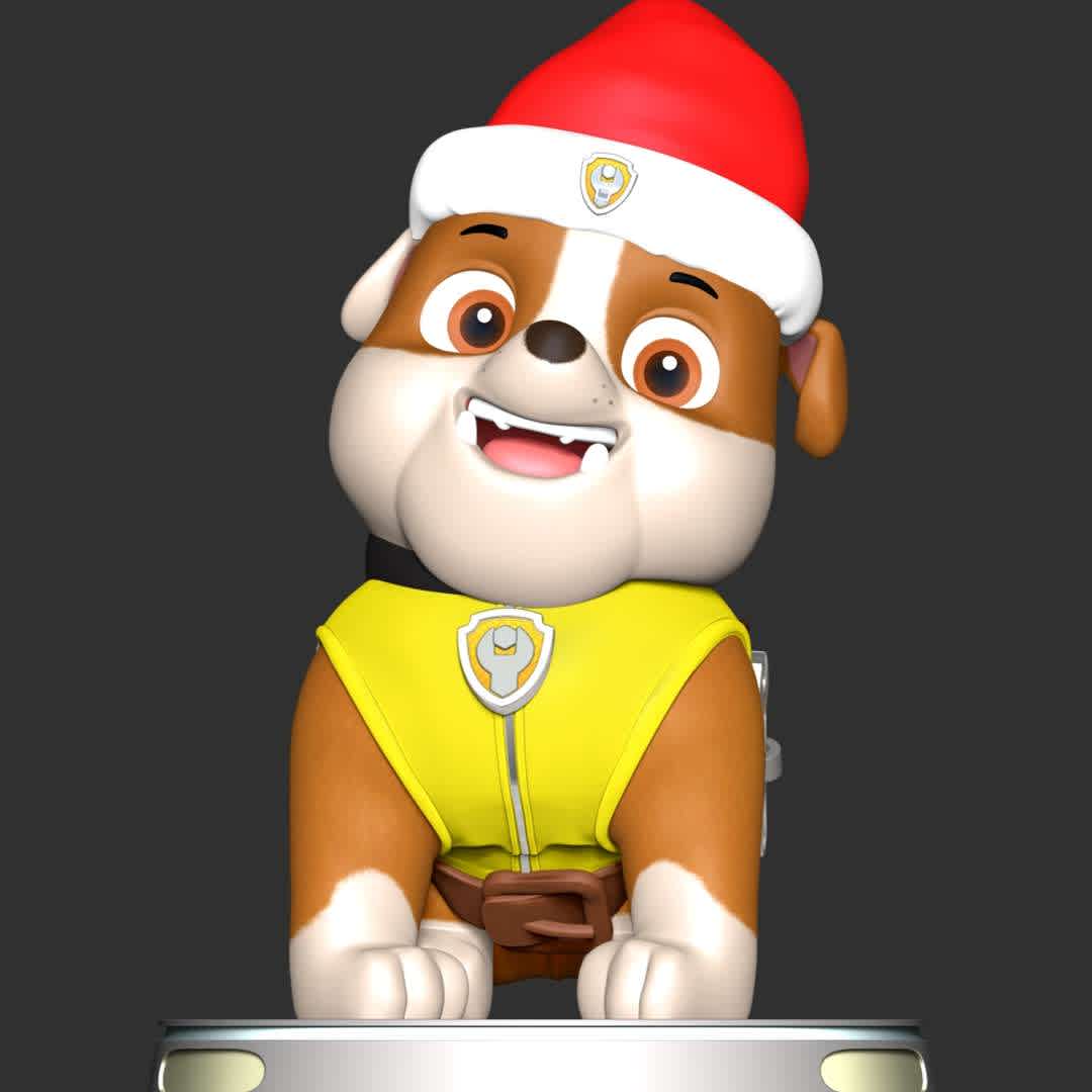 Rubble Christmas - Paw Patrol - **Let's celebrate Christmas with Rubble Paw Patrol**

These information of model:

**- The height of current model is 20 cm and you can free to scale it.**

**- Format files: STL, OBJ to supporting 3D printing.**

Please don't hesitate to contact me if you have any issues question. - The best files for 3D printing in the world. Stl models divided into parts to facilitate 3D printing. All kinds of characters, decoration, cosplay, prosthetics, pieces. Quality in 3D printing. Affordable 3D models. Low cost. Collective purchases of 3D files.