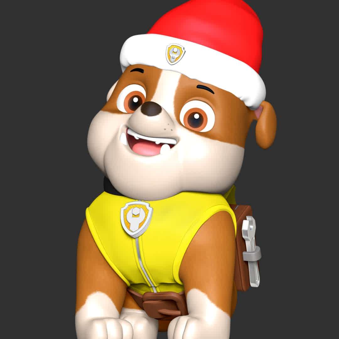 Rubble Christmas - Paw Patrol - **Let's celebrate Christmas with Rubble Paw Patrol**

These information of model:

**- The height of current model is 20 cm and you can free to scale it.**

**- Format files: STL, OBJ to supporting 3D printing.**

Please don't hesitate to contact me if you have any issues question. - The best files for 3D printing in the world. Stl models divided into parts to facilitate 3D printing. All kinds of characters, decoration, cosplay, prosthetics, pieces. Quality in 3D printing. Affordable 3D models. Low cost. Collective purchases of 3D files.