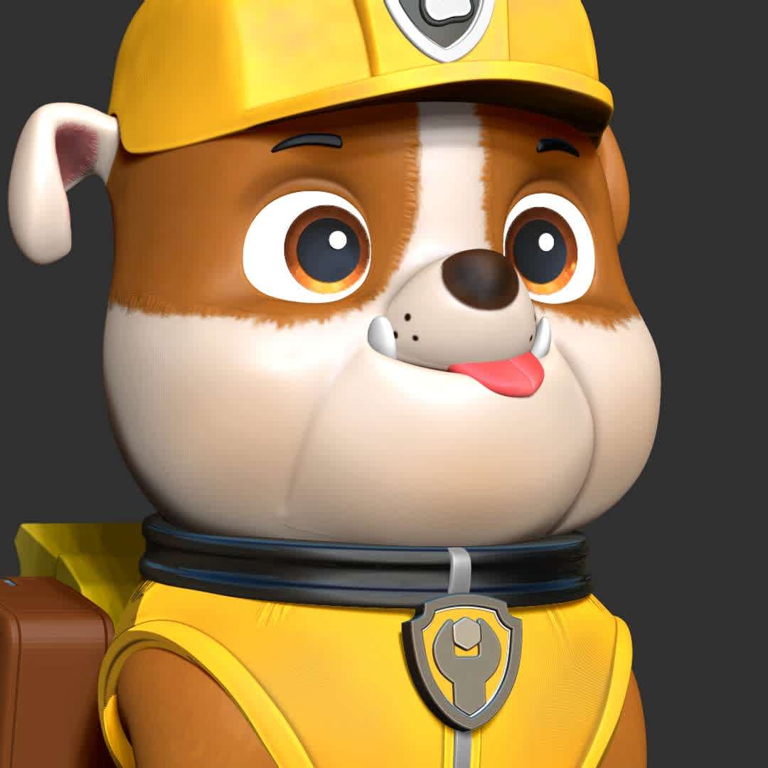 Rubble - Paw Patrol Fanart  - "Rubble is a gruff but loveable English bulldog that knows all about skateboards and snowboards."

Basic parameters:

- STL format for 3D printing with 03 discrete objects
- Model height: 15cm
- Version 1.0: Polygons: 1739884 & Vertices: 971002

Model ready for 3D printing.

Please vote positively for me if you find this model useful. - Os melhores arquivos para impressão 3D do mundo. Modelos stl divididos em partes para facilitar a impressão 3D. Todos os tipos de personagens, decoração, cosplay, próteses, peças. Qualidade na impressão 3D. Modelos 3D com preço acessível. Baixo custo. Compras coletivas de arquivos 3D.