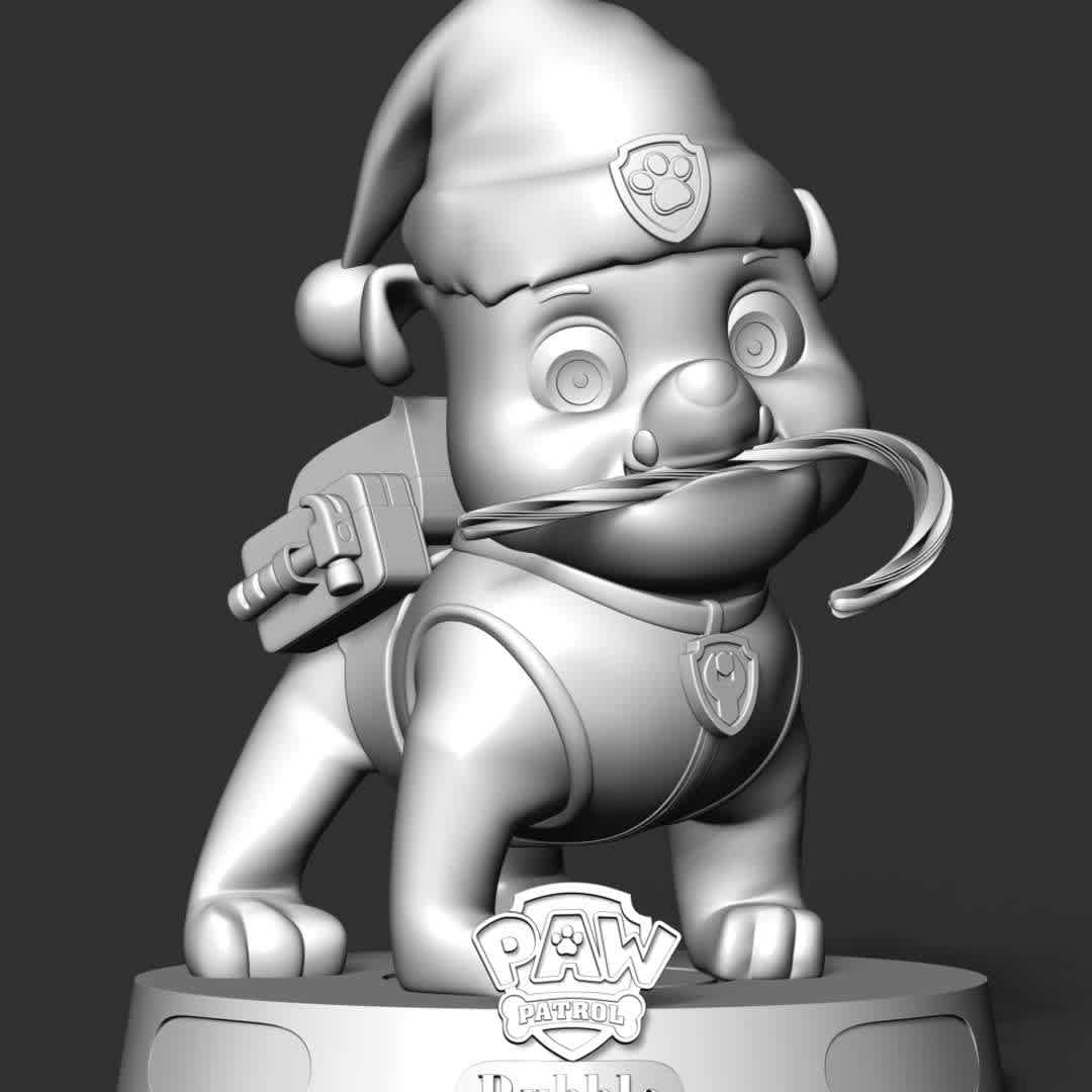 Rubble Paw Patrol - Merry Christmas - **Merry Christmas & Happy new Year with Paw Patrol team**

These information of this model:

 - Files format: STL, OBJ (included 03 separated files is ready for 3D printing). 
 - Zbrush original file (ZTL) for you to customize as you like.
 - The height is 20 cm
 - The version 1.0. 

The model ready for 3D printing.
Hope you like him.
Don't hesitate to contact me if there are any problems during printing the model - The best files for 3D printing in the world. Stl models divided into parts to facilitate 3D printing. All kinds of characters, decoration, cosplay, prosthetics, pieces. Quality in 3D printing. Affordable 3D models. Low cost. Collective purchases of 3D files.