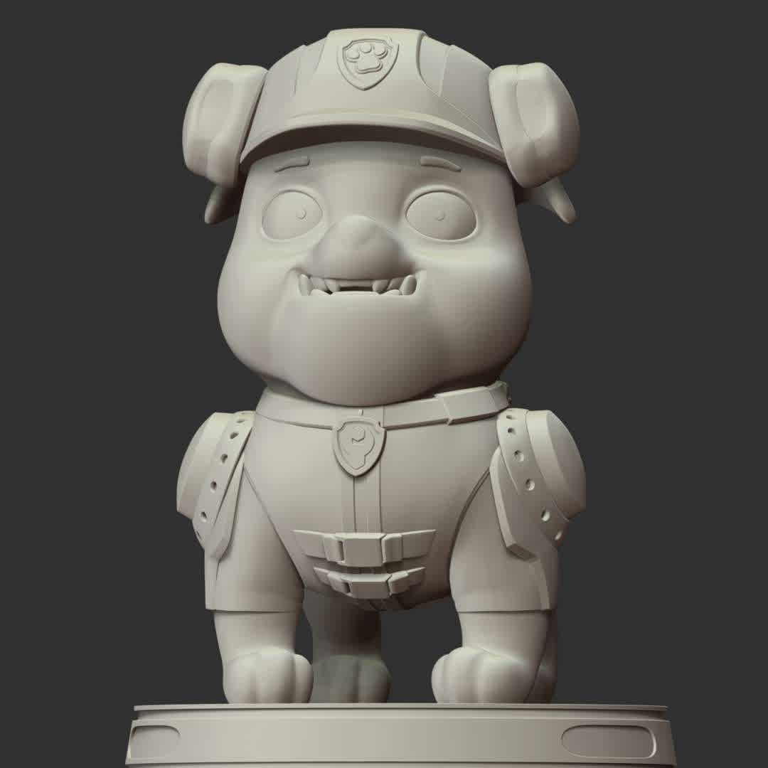 Rubble - PAW Patrol The Movie - These information of model:

**- The height of current model is 30 cm and you can free to scale it.**

**- Format files: STL, OBJ to supporting 3D printing.**

Please don't hesitate to contact me if you have any issues question. - Os melhores arquivos para impressão 3D do mundo. Modelos stl divididos em partes para facilitar a impressão 3D. Todos os tipos de personagens, decoração, cosplay, próteses, peças. Qualidade na impressão 3D. Modelos 3D com preço acessível. Baixo custo. Compras coletivas de arquivos 3D.