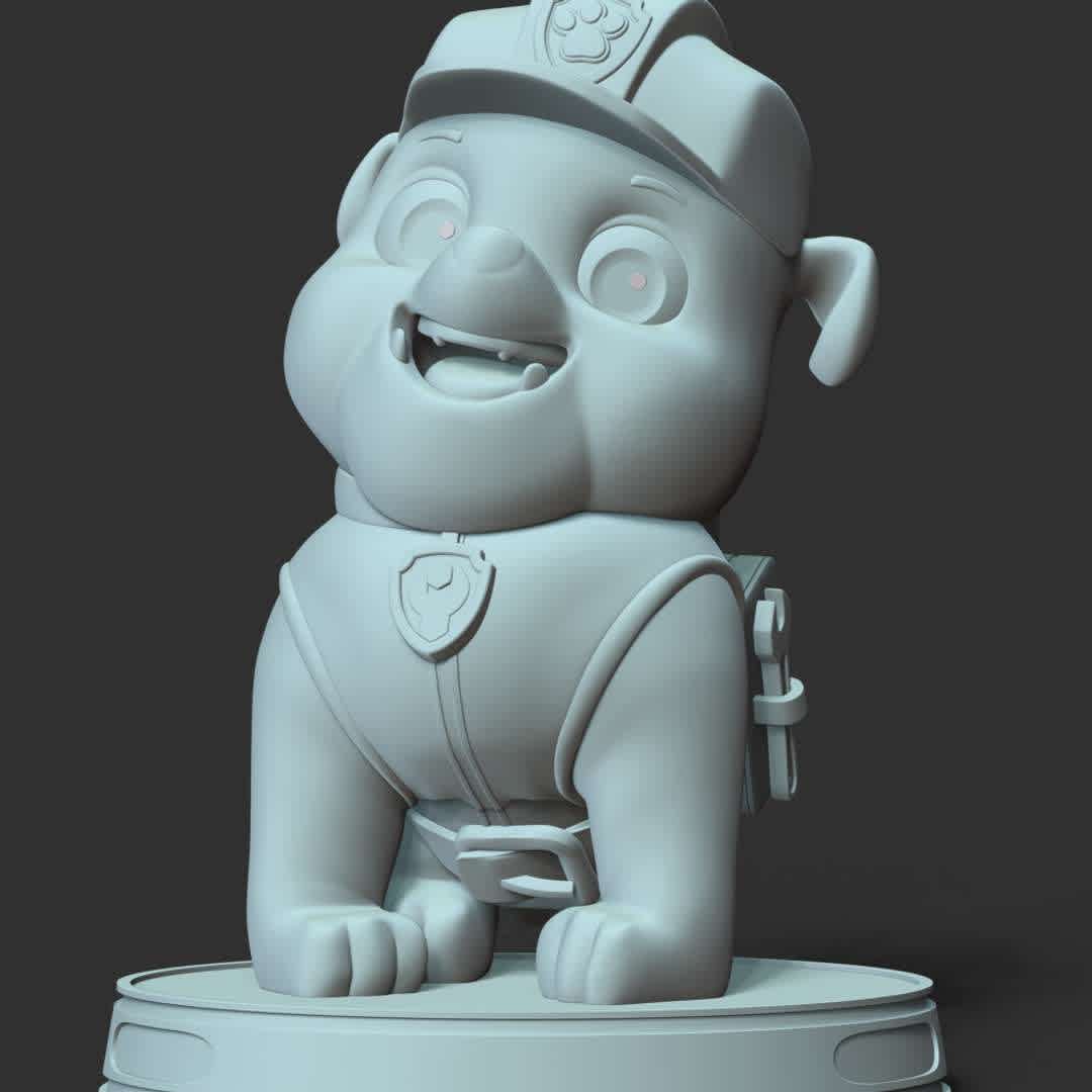 Rubble- Paw Patrol - **Rubble is to help with construction-related work and fix damaged buildings.**

These information of model:

**- The height of current model is 30 cm and you can free to scale it.**

**- Format files: STL, OBJ to supporting 3D printing.**

Please don't hesitate to contact me if you have any issues question. - Os melhores arquivos para impressão 3D do mundo. Modelos stl divididos em partes para facilitar a impressão 3D. Todos os tipos de personagens, decoração, cosplay, próteses, peças. Qualidade na impressão 3D. Modelos 3D com preço acessível. Baixo custo. Compras coletivas de arquivos 3D.