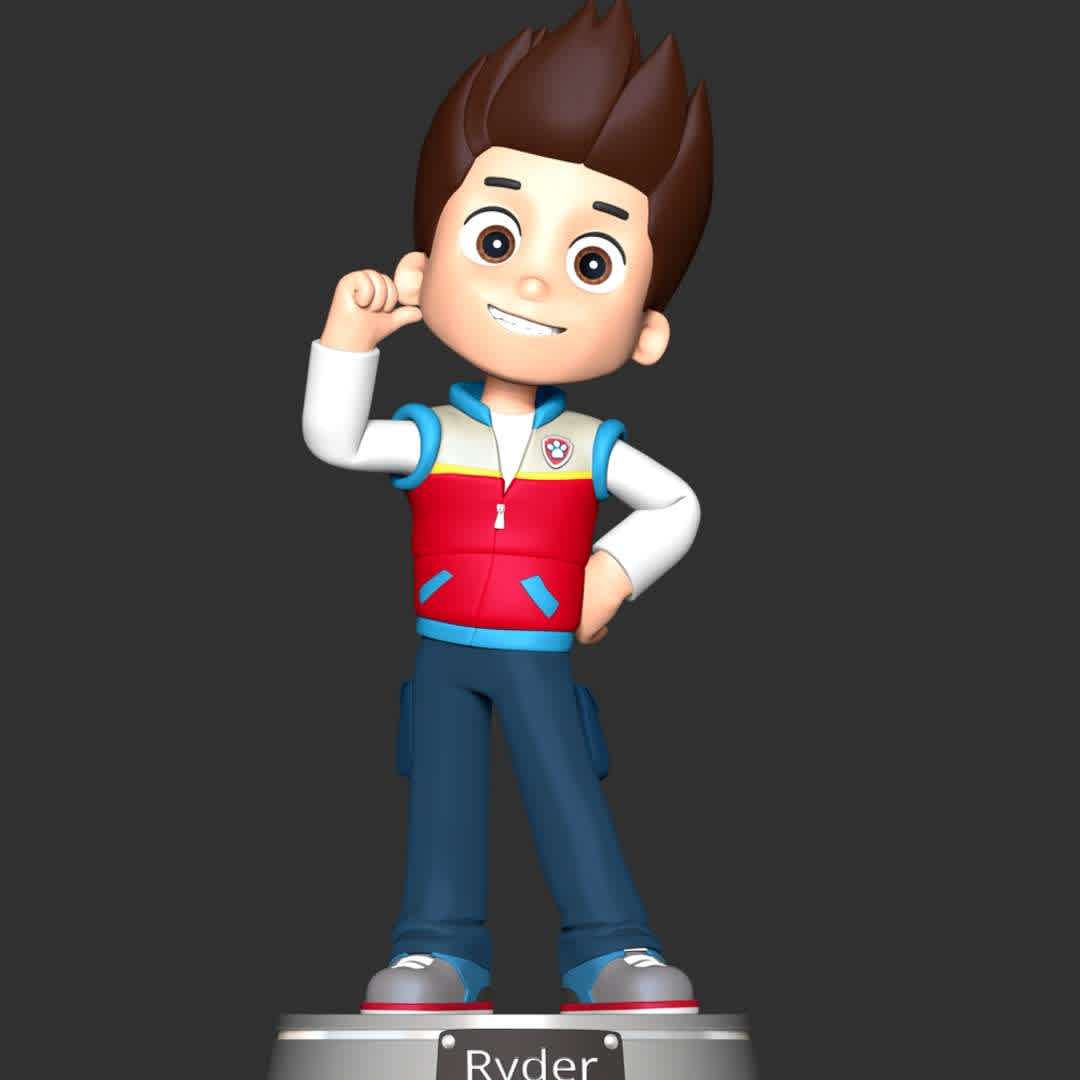 Ryder Paw Patrol Leader - **Ryder is serves as PAW Patrol’s leader. Despite his age, he and the pups have saved every adult in Adventure Bay countless times! Ryder adopted each of the pups and trained them to be a part of PAW Patrol.**

**The model ready for 3D printing.**

These information of model:

**- Format files: STL, OBJ to supporting 3D printing.**

**- Can be assembled without glue (glue is optional)**

**- Split down to 2 parts**

**- The height of current model is 20 cm and you can free to scale it.**

**- ZTL format for Zbrush for you to customize as you like.**

Please don't hesitate to contact me if you have any issues question.

If you see this model useful, please vote positively for it. - Los mejores archivos para impresión 3D del mundo. Modelos Stl divididos en partes para facilitar la impresión 3D. Todo tipo de personajes, decoración, cosplay, prótesis, piezas. Calidad en impresión 3D. Modelos 3D asequibles. Bajo costo. Compras colectivas de archivos 3D.