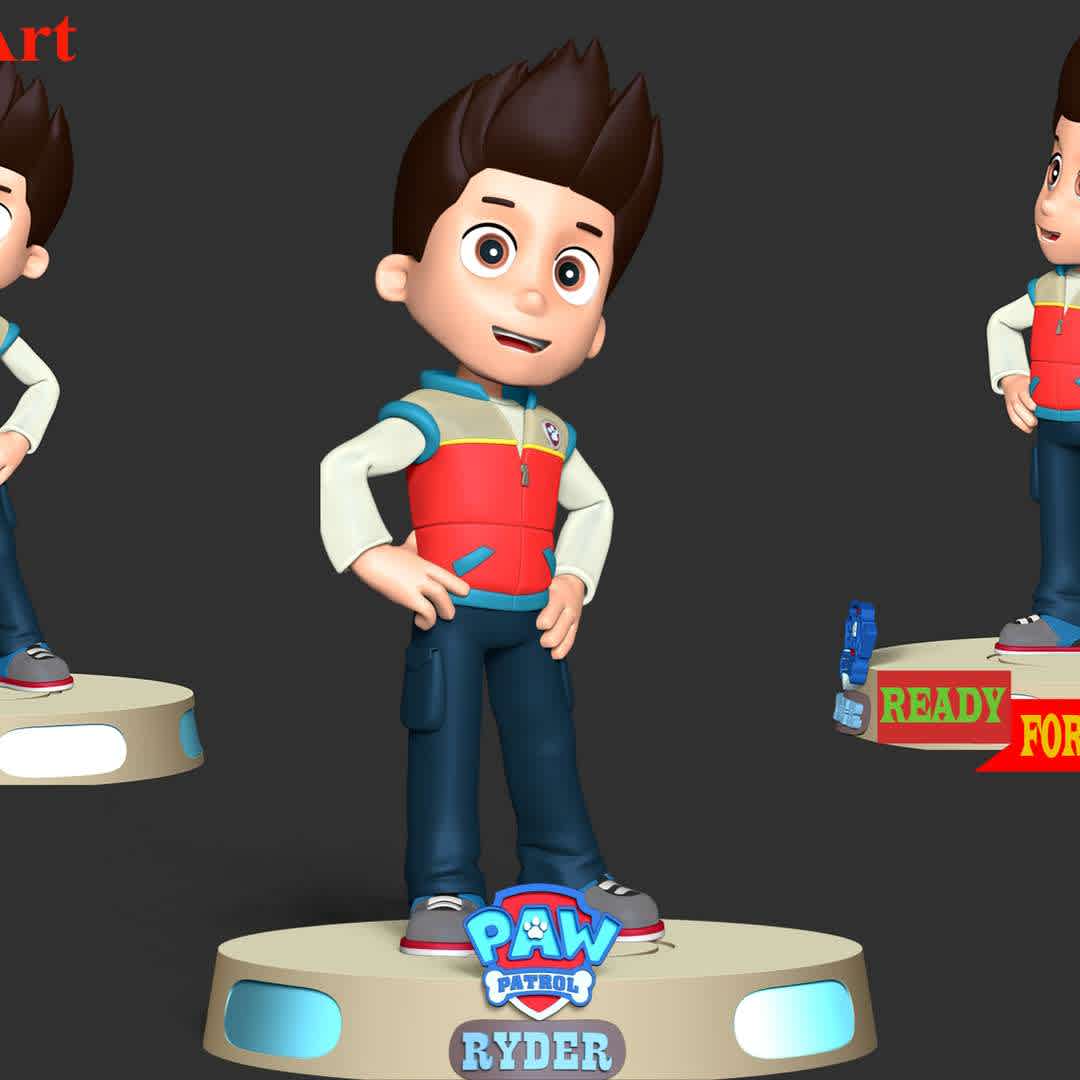 Ryder - Paw Patrol - Ryder is a ten-year-old boy and the main protagonist of the TV series PAW Patrol. He is the 1st member of the PAW Patrol and is the team's leader.

These information of this model:

 - Files format: STL, OBJ (included 03 separated files is ready for 3D printing). 
 - Zbrush original file (ZTL) for you to customize as you like.
 - The height is 20 cm
 - The version 1.0. 

The model ready for 3D printing.
Hope you like him.
Don't hesitate to contact me if there are any problems during printing the model - Los mejores archivos para impresión 3D del mundo. Modelos Stl divididos en partes para facilitar la impresión 3D. Todo tipo de personajes, decoración, cosplay, prótesis, piezas. Calidad en impresión 3D. Modelos 3D asequibles. Bajo costo. Compras colectivas de archivos 3D.