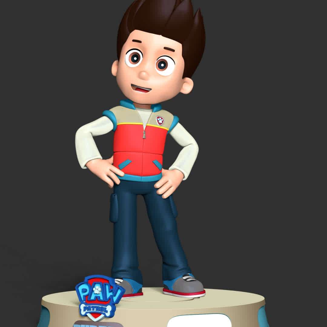 Ryder - Paw Patrol - Ryder is a ten-year-old boy and the main protagonist of the TV series PAW Patrol. He is the 1st member of the PAW Patrol and is the team's leader.

These information of this model:

 - Files format: STL, OBJ (included 03 separated files is ready for 3D printing). 
 - Zbrush original file (ZTL) for you to customize as you like.
 - The height is 20 cm
 - The version 1.0. 

The model ready for 3D printing.
Hope you like him.
Don't hesitate to contact me if there are any problems during printing the model - The best files for 3D printing in the world. Stl models divided into parts to facilitate 3D printing. All kinds of characters, decoration, cosplay, prosthetics, pieces. Quality in 3D printing. Affordable 3D models. Low cost. Collective purchases of 3D files.