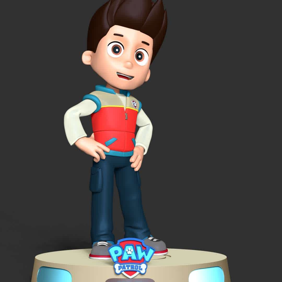 Ryder - Paw Patrol - Ryder is a ten-year-old boy and the main protagonist of the TV series PAW Patrol. He is the 1st member of the PAW Patrol and is the team's leader.

These information of this model:

 - Files format: STL, OBJ (included 03 separated files is ready for 3D printing). 
 - Zbrush original file (ZTL) for you to customize as you like.
 - The height is 20 cm
 - The version 1.0. 

The model ready for 3D printing.
Hope you like him.
Don't hesitate to contact me if there are any problems during printing the model - The best files for 3D printing in the world. Stl models divided into parts to facilitate 3D printing. All kinds of characters, decoration, cosplay, prosthetics, pieces. Quality in 3D printing. Affordable 3D models. Low cost. Collective purchases of 3D files.