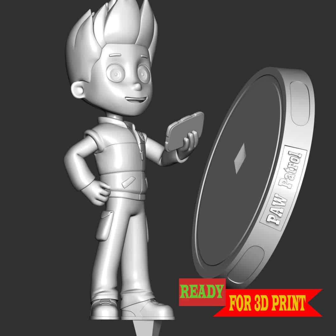 Ryder - Ryder is a ten-year-old boy and the main protagonist of the TV series PAW Patrol. He is the 1st member of the PAW Patrol and is the team's leader.

These information of this model:

 - Files format: STL, OBJ (included 02 separated files is ready for 3D printing). 
 - Zbrush original file (ZTL) for you to customize as you like.
 - The height is 20 cm
 - The version 2.0 

The model ready for 3D printing.
Hope you like him.
Don't hesitate to contact me if there are any problems during printing the model - Os melhores arquivos para impressão 3D do mundo. Modelos stl divididos em partes para facilitar a impressão 3D. Todos os tipos de personagens, decoração, cosplay, próteses, peças. Qualidade na impressão 3D. Modelos 3D com preço acessível. Baixo custo. Compras coletivas de arquivos 3D.