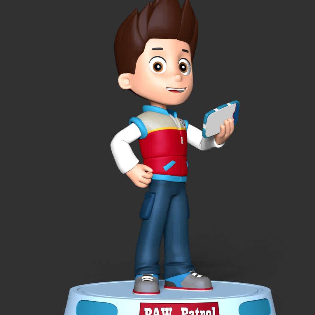 Ryder - Ryder is a ten-year-old boy and the main protagonist of the TV series PAW Patrol. He is the 1st member of the PAW Patrol and is the team's leader.

These information of this model:

 - Files format: STL, OBJ (included 02 separated files is ready for 3D printing). 
 - Zbrush original file (ZTL) for you to customize as you like.
 - The height is 20 cm
 - The version 2.0 

The model ready for 3D printing.
Hope you like him.
Don't hesitate to contact me if there are any problems during printing the model - Os melhores arquivos para impressão 3D do mundo. Modelos stl divididos em partes para facilitar a impressão 3D. Todos os tipos de personagens, decoração, cosplay, próteses, peças. Qualidade na impressão 3D. Modelos 3D com preço acessível. Baixo custo. Compras coletivas de arquivos 3D.