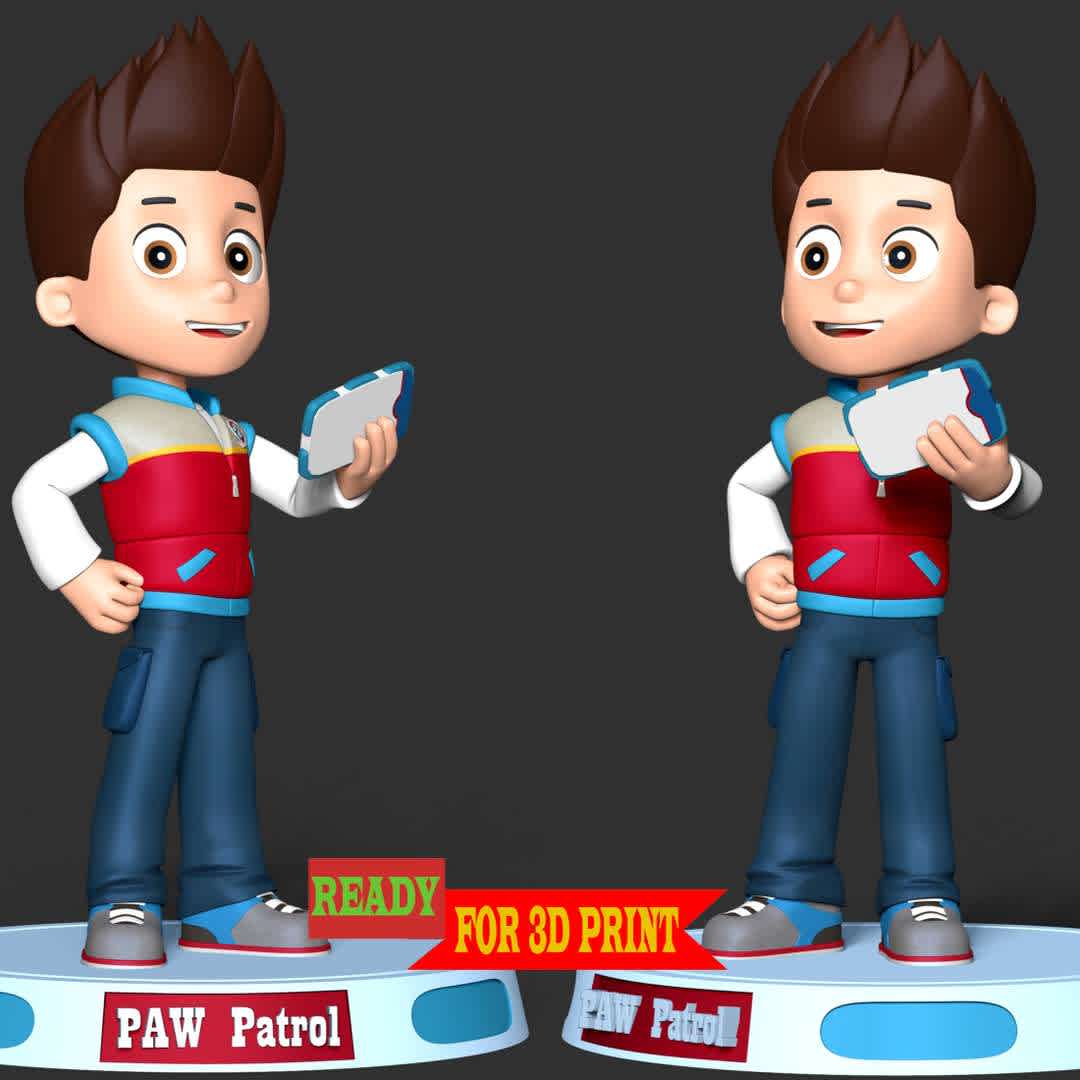 Ryder - Ryder is a ten-year-old boy and the main protagonist of the TV series PAW Patrol. He is the 1st member of the PAW Patrol and is the team's leader.

These information of this model:

 - Files format: STL, OBJ (included 02 separated files is ready for 3D printing). 
 - Zbrush original file (ZTL) for you to customize as you like.
 - The height is 20 cm
 - The version 2.0 

The model ready for 3D printing.
Hope you like him.
Don't hesitate to contact me if there are any problems during printing the model - Os melhores arquivos para impressão 3D do mundo. Modelos stl divididos em partes para facilitar a impressão 3D. Todos os tipos de personagens, decoração, cosplay, próteses, peças. Qualidade na impressão 3D. Modelos 3D com preço acessível. Baixo custo. Compras coletivas de arquivos 3D.