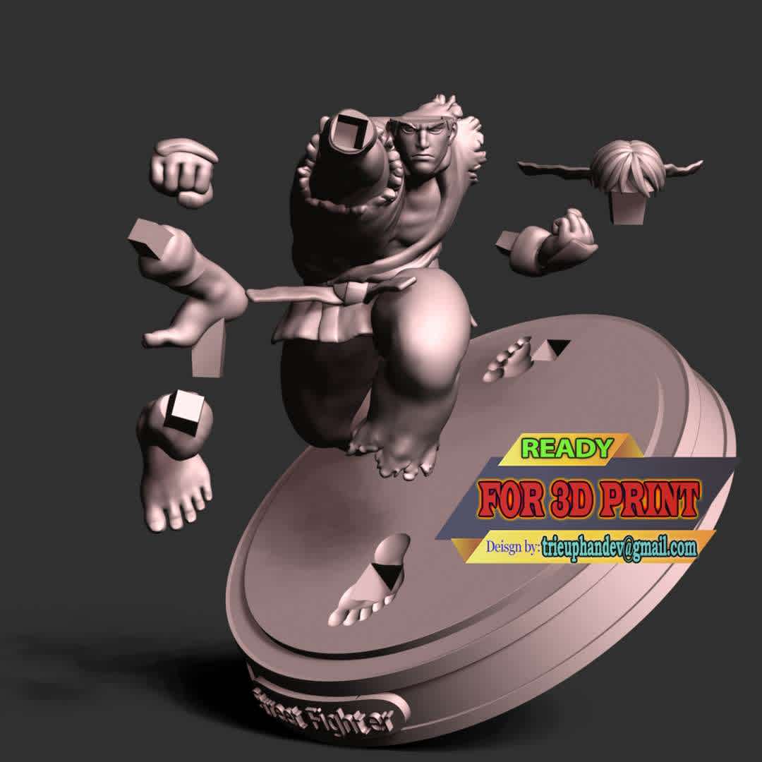 Ryu - Street Fighter - This model has a height of 15 cm.

When you purchase this model, you will own:

- STL, OBJ file with 07 separated files (with key to connect together) is ready for 3D printing.

- Zbrush original files (ZTL) for you to customize as you like.

This is version 1.0 of this model.

Hope you like him. Thanks for viewing! - The best files for 3D printing in the world. Stl models divided into parts to facilitate 3D printing. All kinds of characters, decoration, cosplay, prosthetics, pieces. Quality in 3D printing. Affordable 3D models. Low cost. Collective purchases of 3D files.