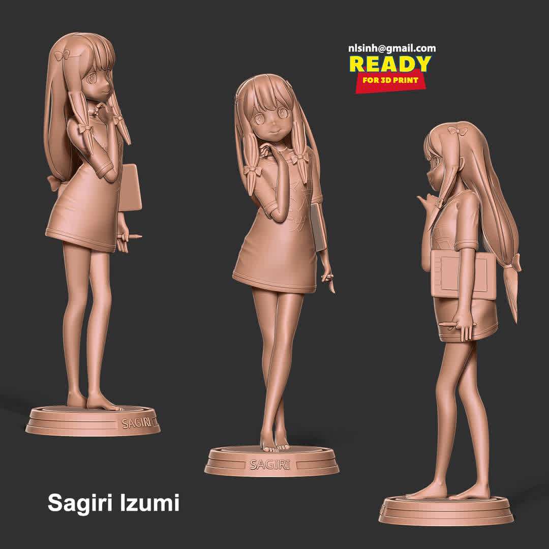 Sagiri Izumi - Sagiri Izumi is the main female protagonist from the EroManga-Sensei anime and light novels.

-- Information: this model has a height of 10cm.--

When you buy this model, you will own:

- STL, OBJ file with 04 separated files (with key to connect together) is ready for 3D printing.
- Zbrush original files (ZTL) for you to customize as you like.
This is version 1.0 of this model.

Hope you like her. Thanks for viewing! - Os melhores arquivos para impressão 3D do mundo. Modelos stl divididos em partes para facilitar a impressão 3D. Todos os tipos de personagens, decoração, cosplay, próteses, peças. Qualidade na impressão 3D. Modelos 3D com preço acessível. Baixo custo. Compras coletivas de arquivos 3D.