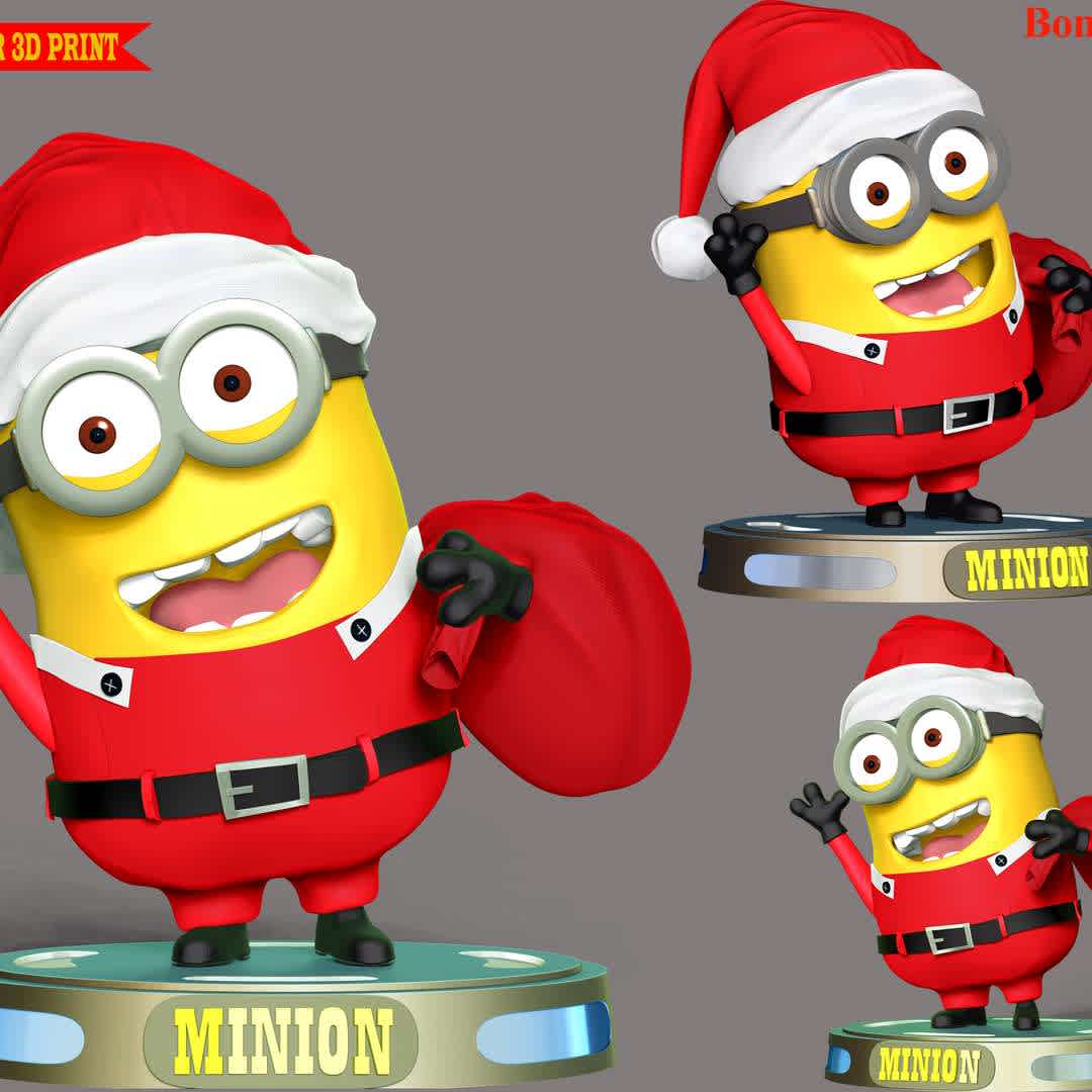 Santa Dave Minion - Dave is one of the Minions. Dave is a two-eyed and medium-sized minion with nice combed hair.

These information of this model:
- The model ready for 3D printing.
- The model current size is 20cm height, but you are free to scale it.
- Files format: STL, OBJ (included 02 separated files is ready for 3D printing). 
 - Also includes Zbrush original file (ZTL) for you to customize as you like.

Hope you like it.
If you have any questions please don't hesitate to contact me. I will respond you ASAP. - The best files for 3D printing in the world. Stl models divided into parts to facilitate 3D printing. All kinds of characters, decoration, cosplay, prosthetics, pieces. Quality in 3D printing. Affordable 3D models. Low cost. Collective purchases of 3D files.