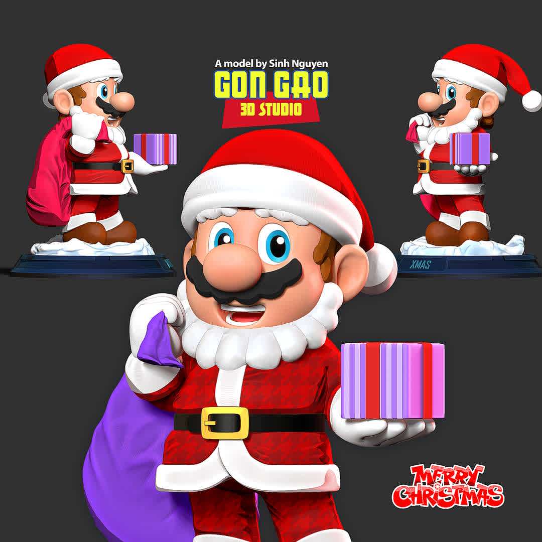 Santa Mario - Merry Christmas - "Santa Mario: Merry Xmas!!!!! d(^o^)b"

Basic parameters:

- STL, OBJ format for 3D printing with 04 discrete objects
- Model height: 18cm
- Version 1.0: Polygons: 1586221 & Vertices: 893210

Model ready for 3D printing.

Please vote positively for me if you find this model useful. - Los mejores archivos para impresión 3D del mundo. Modelos Stl divididos en partes para facilitar la impresión 3D. Todo tipo de personajes, decoración, cosplay, prótesis, piezas. Calidad en impresión 3D. Modelos 3D asequibles. Bajo costo. Compras colectivas de archivos 3D.