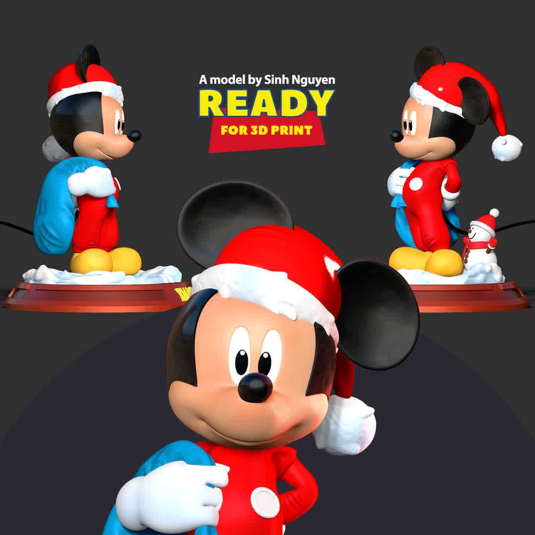 Santa Mickey Mouse  - Mickey: Merry Christmas!!!!

Basic parameters:

- STL, OBJ format for 3D printing with 05 discrete objects
- ZTL format for Zbrush (version 2019.1.2 or later)
- Model height: 15cm
- Version 1.0 - Polygons: 1303180 & Vertices: 889762

Model ready for 3D printing.

Hope you like him. Thanks for viewing! - The best files for 3D printing in the world. Stl models divided into parts to facilitate 3D printing. All kinds of characters, decoration, cosplay, prosthetics, pieces. Quality in 3D printing. Affordable 3D models. Low cost. Collective purchases of 3D files.